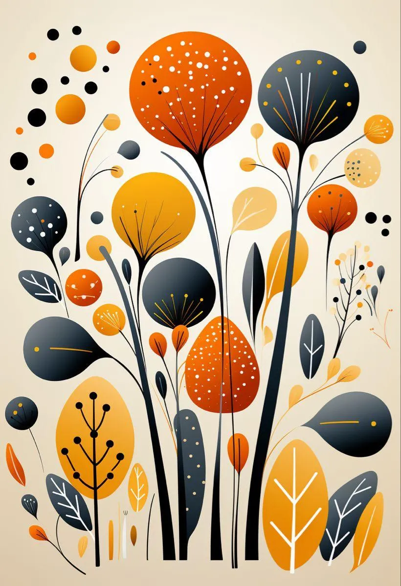 Artistic painting of flowers in warm orange and black tones