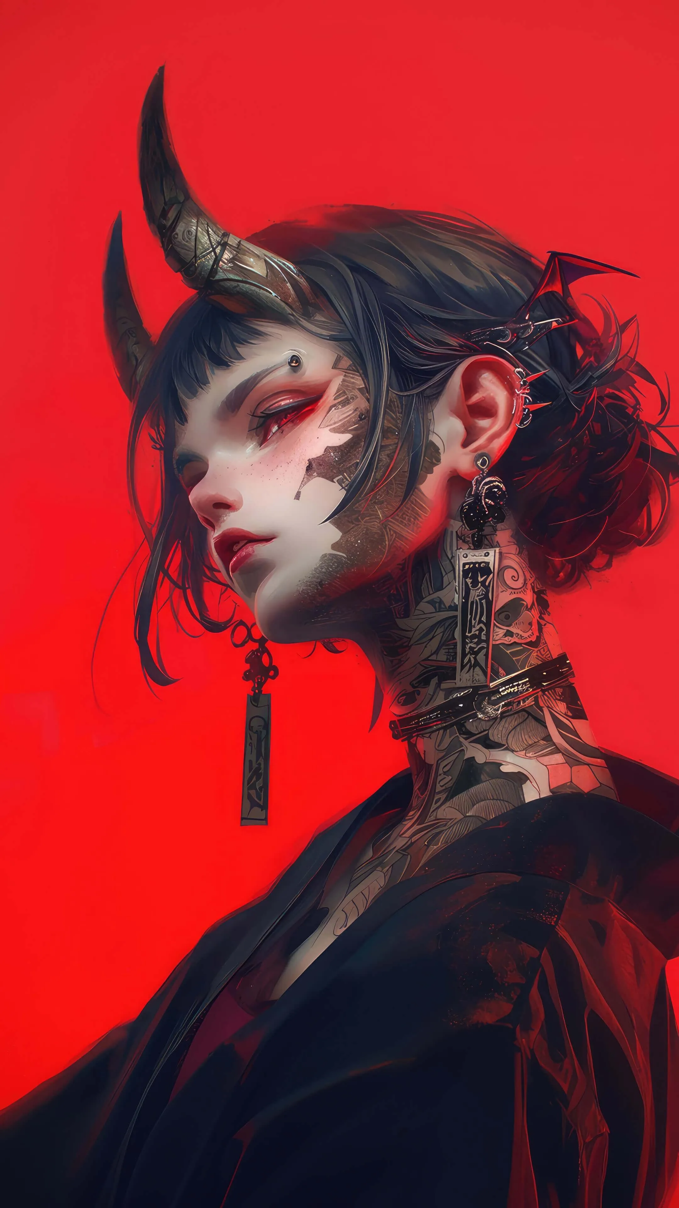 Artistic Red Portrait of Woman with Horns and Tattoos