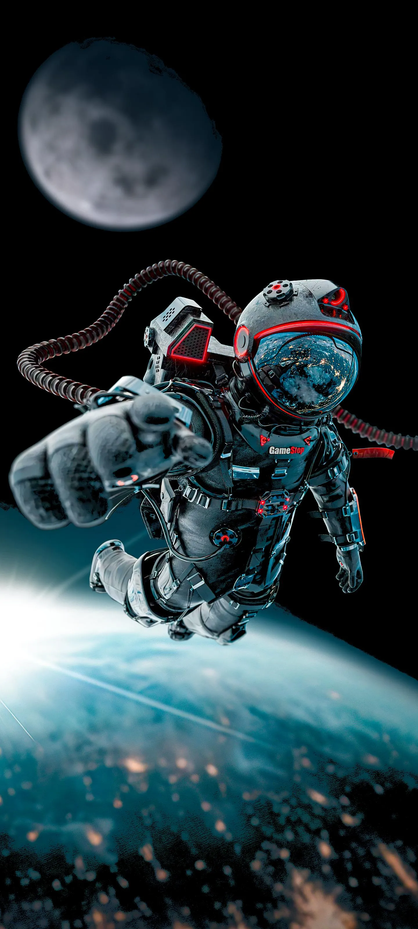 Astronaut Floating Near Moon with Earth in Background