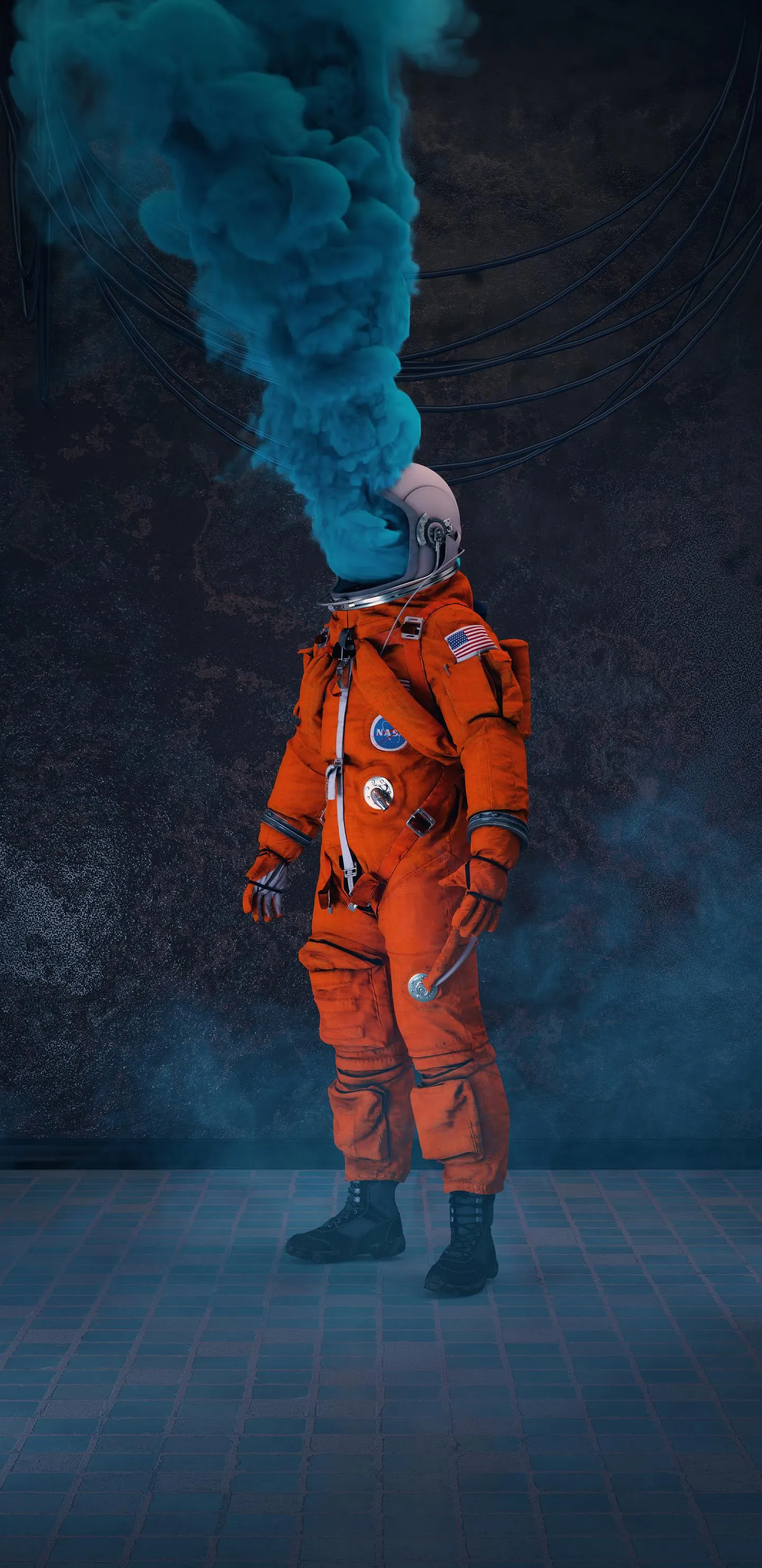 Astronaut in Orange Suit Surrounded by Blue Smoke Mist