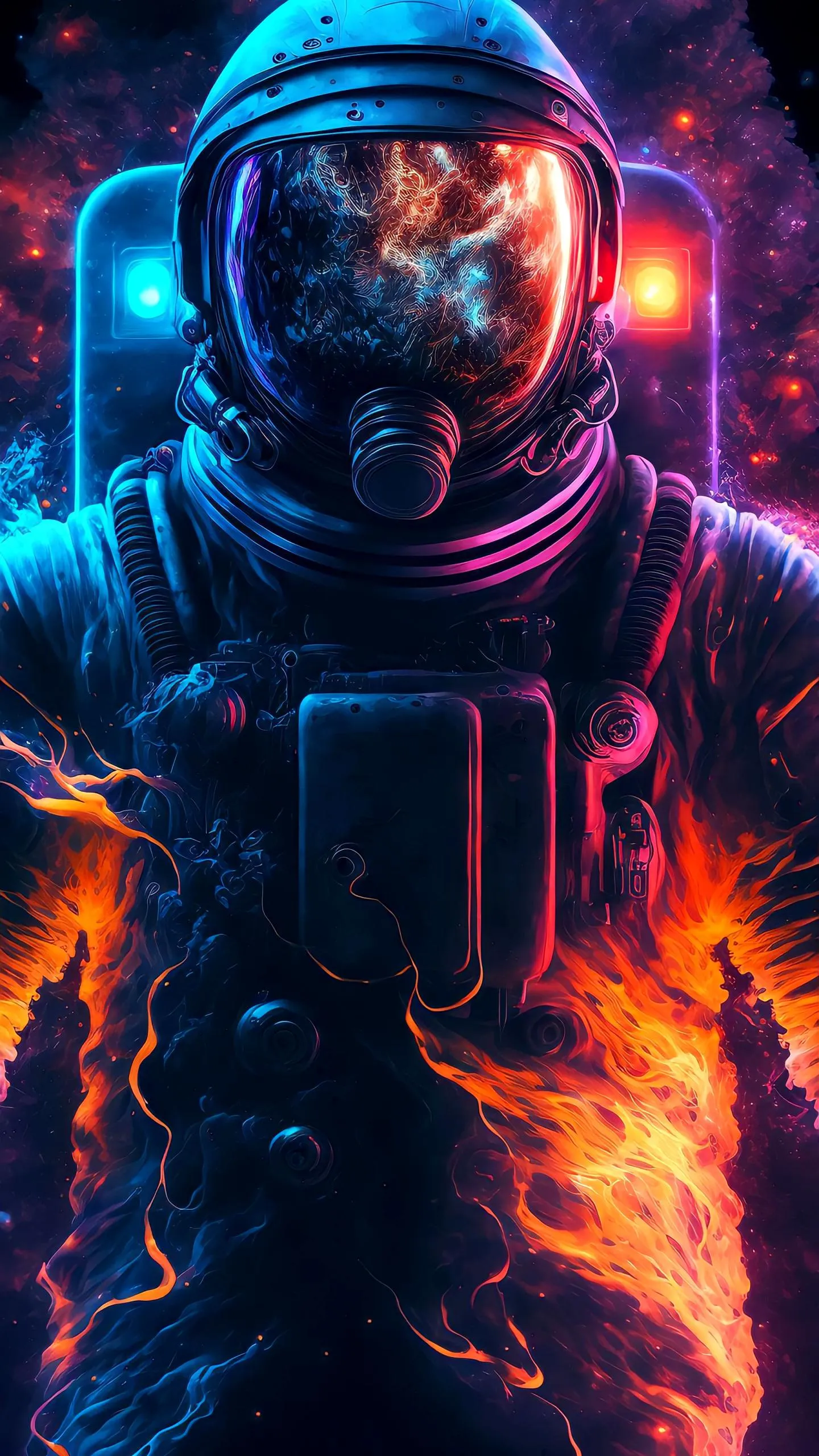 Astronaut in space suit surrounded by fiery flames Wallpaper