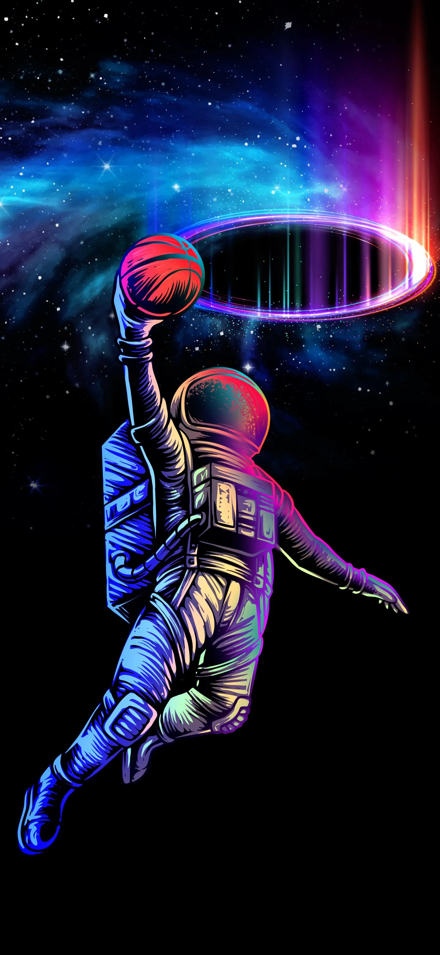 Astronaut playing basketball in colorful outer space scene