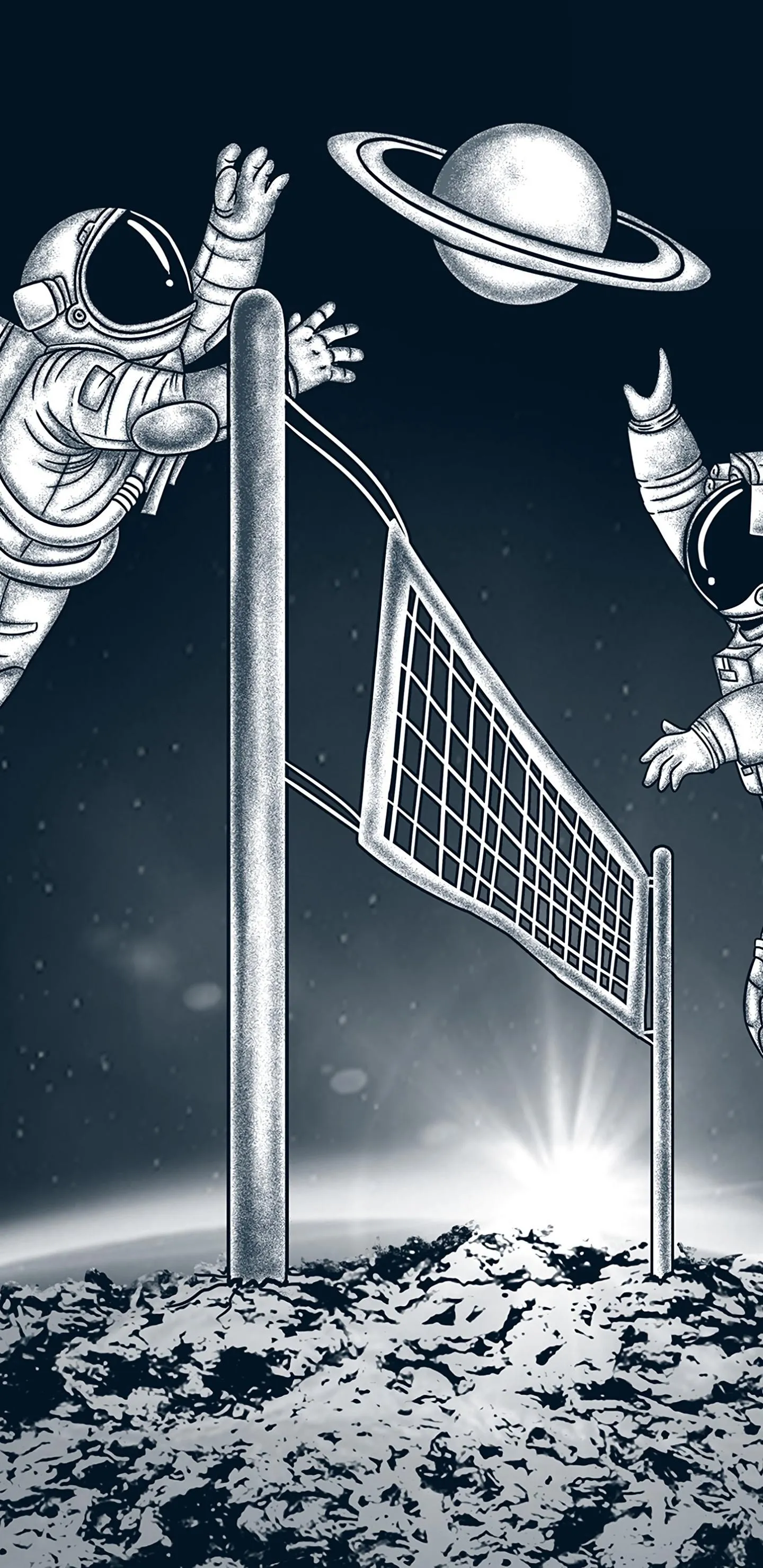 Astronauts Play Volleyball with Saturn on Lunar Surface