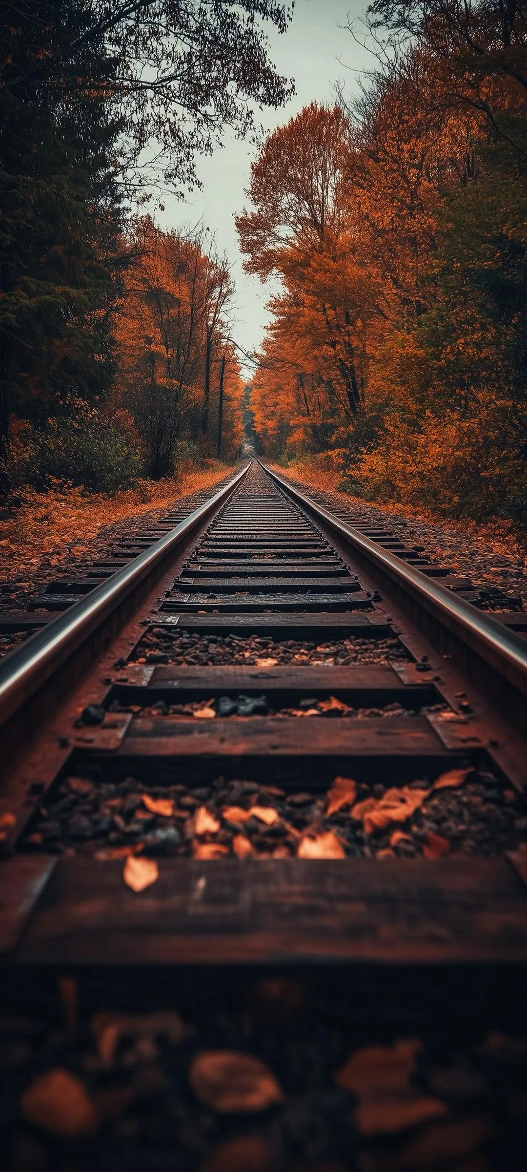 Autumn Forest Path with Railroad Tracks and Foliage