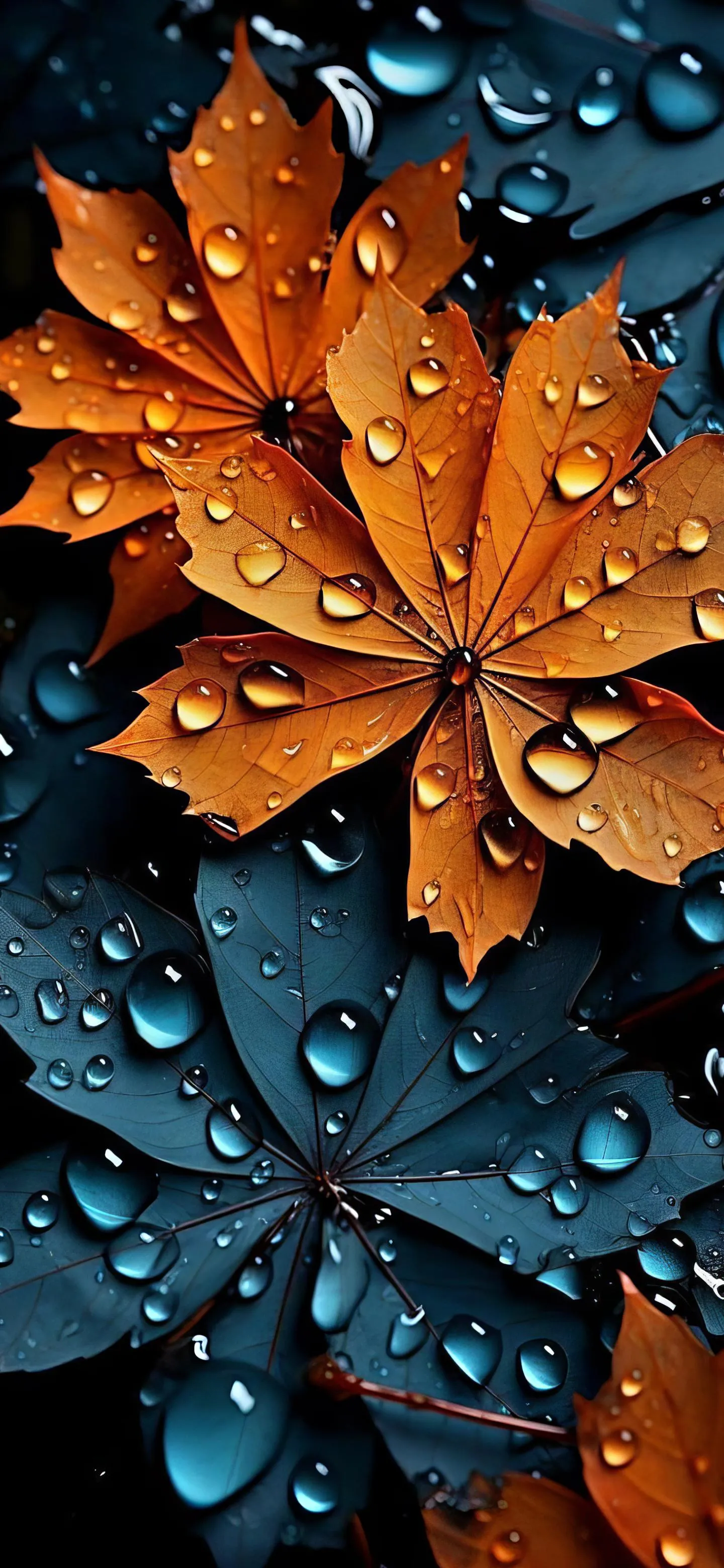 Autumn Leaves with Raindrops in Detailed Macro Photography