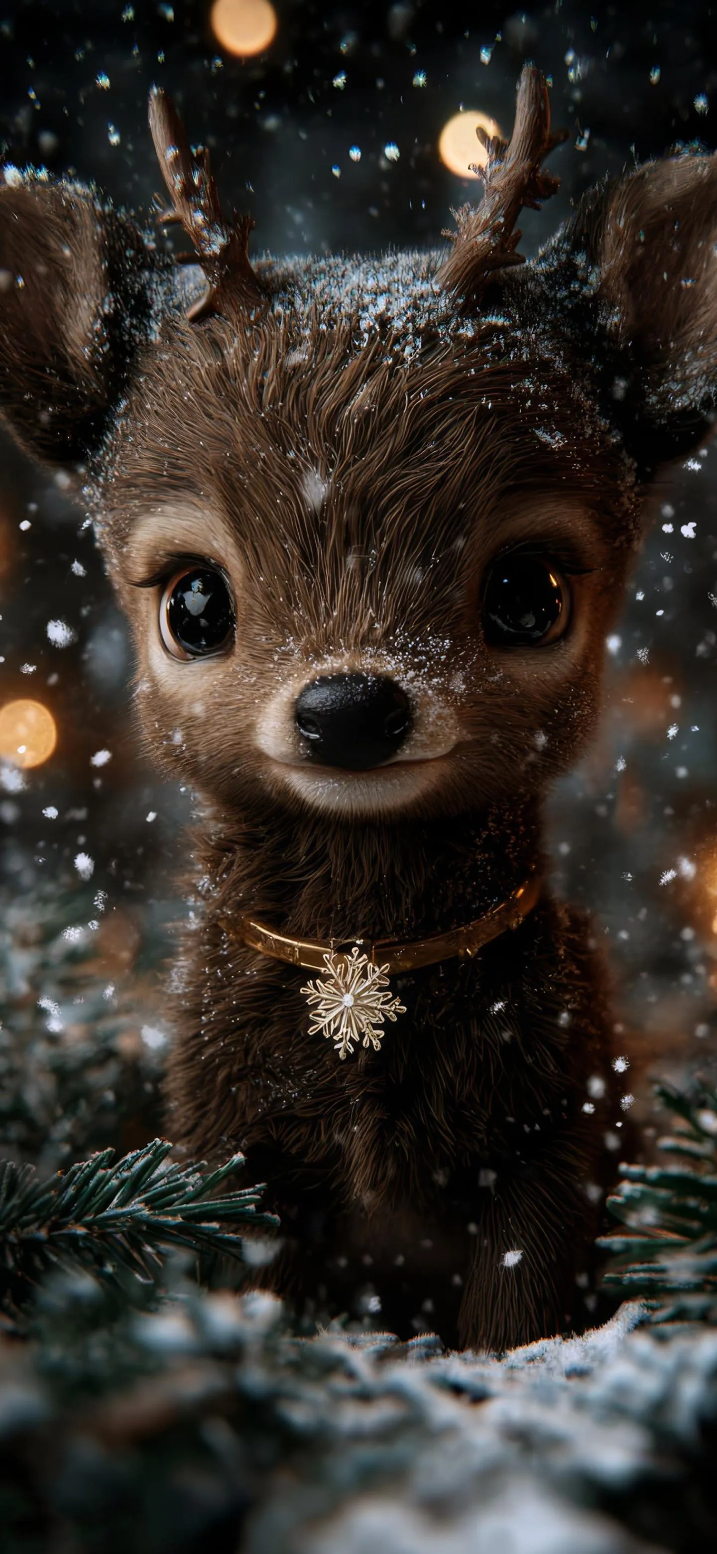 Baby Deer Standing in Snowy Forest in Winter Wallpaper