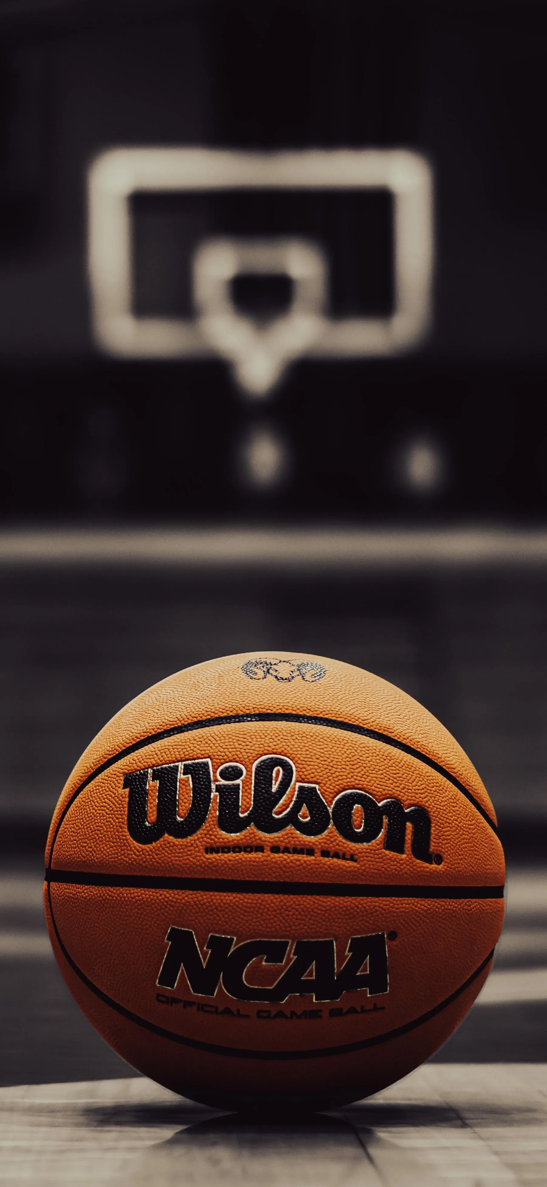 Basketball and Hoop Ready for Action on Wooden Court