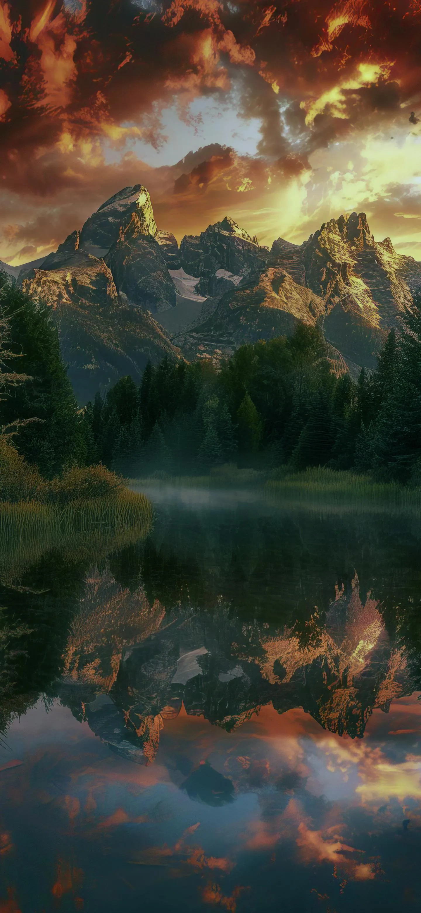 Beautiful landscape with lake and mountain reflection