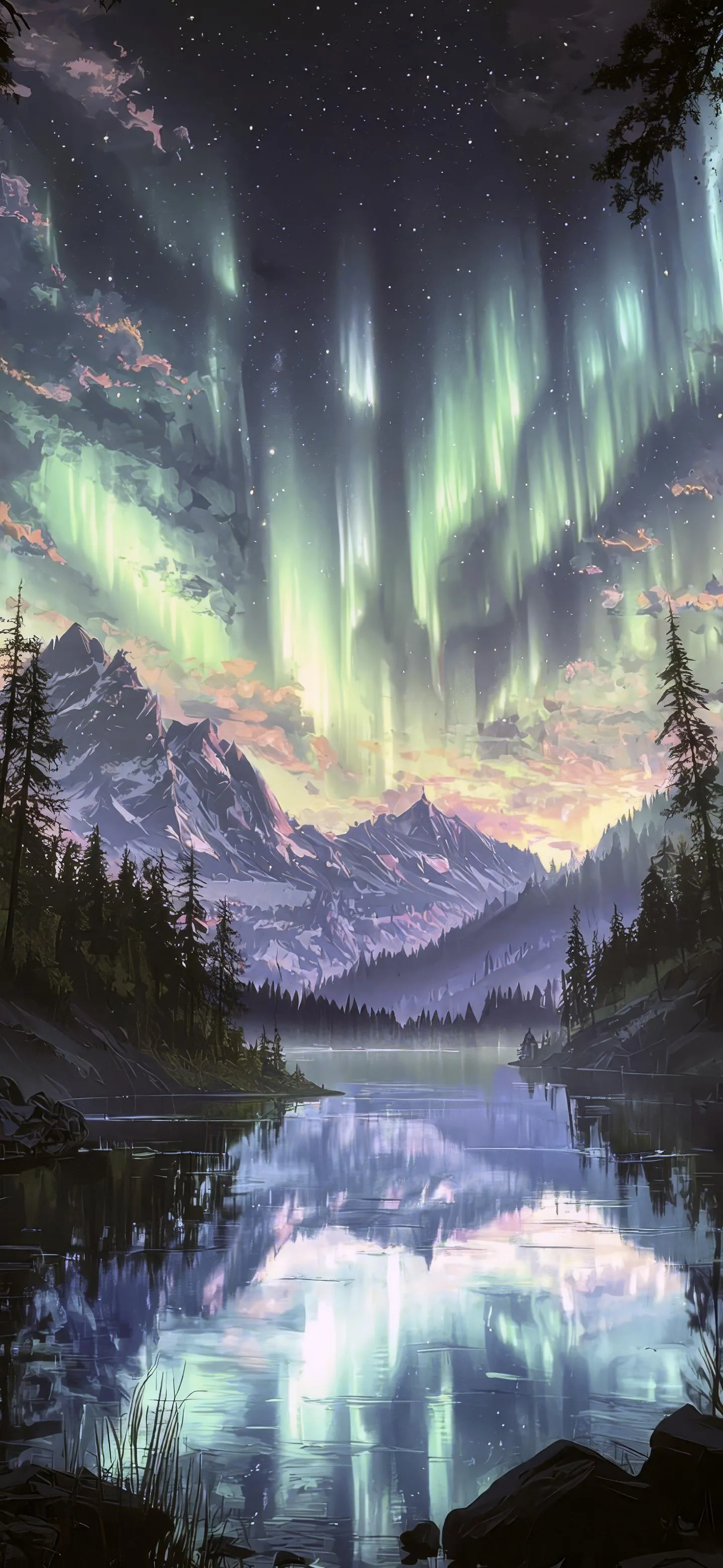 Beautiful northern lights over snowy mountain lake