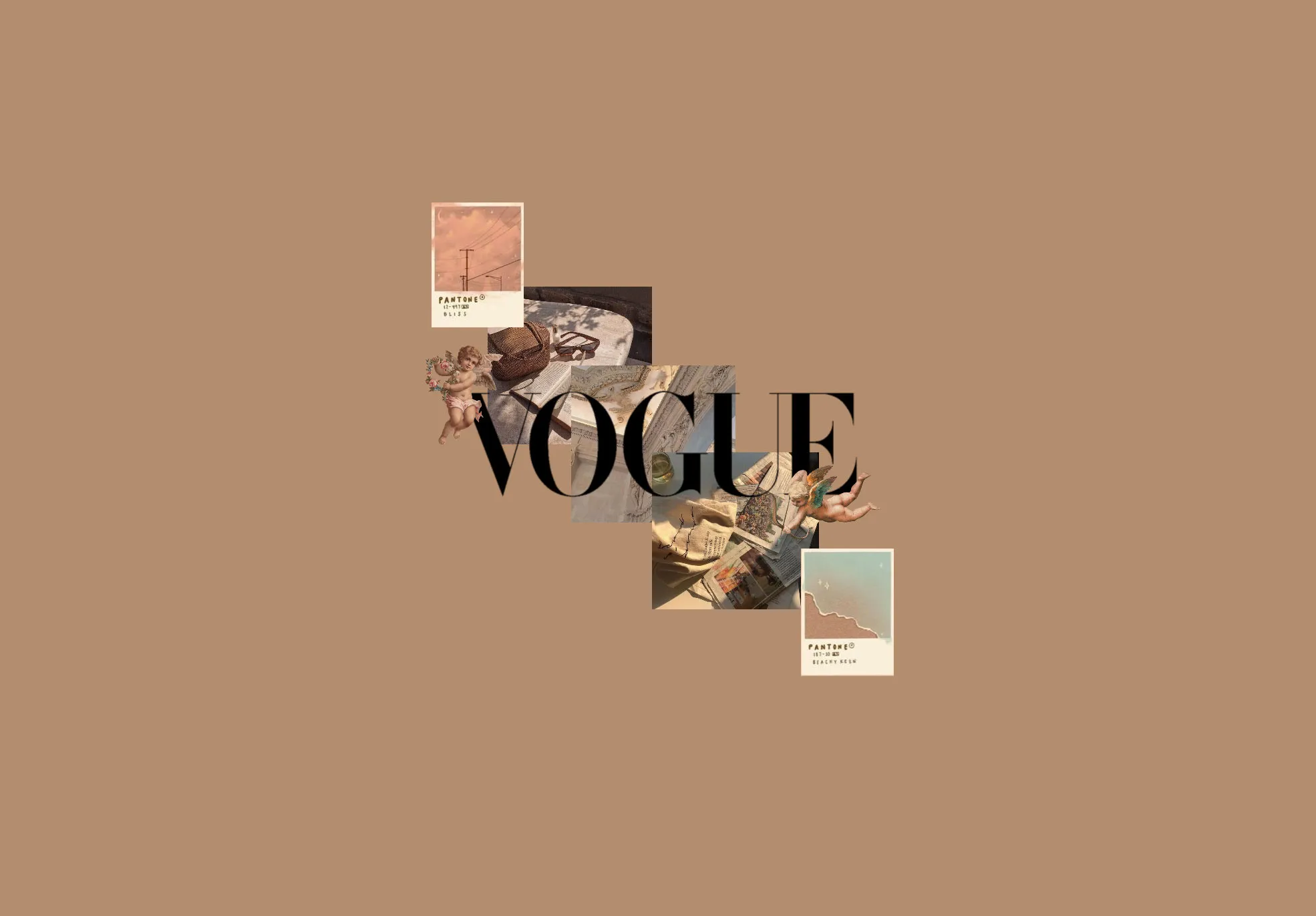 Beige background with vogue text and vintage collage art