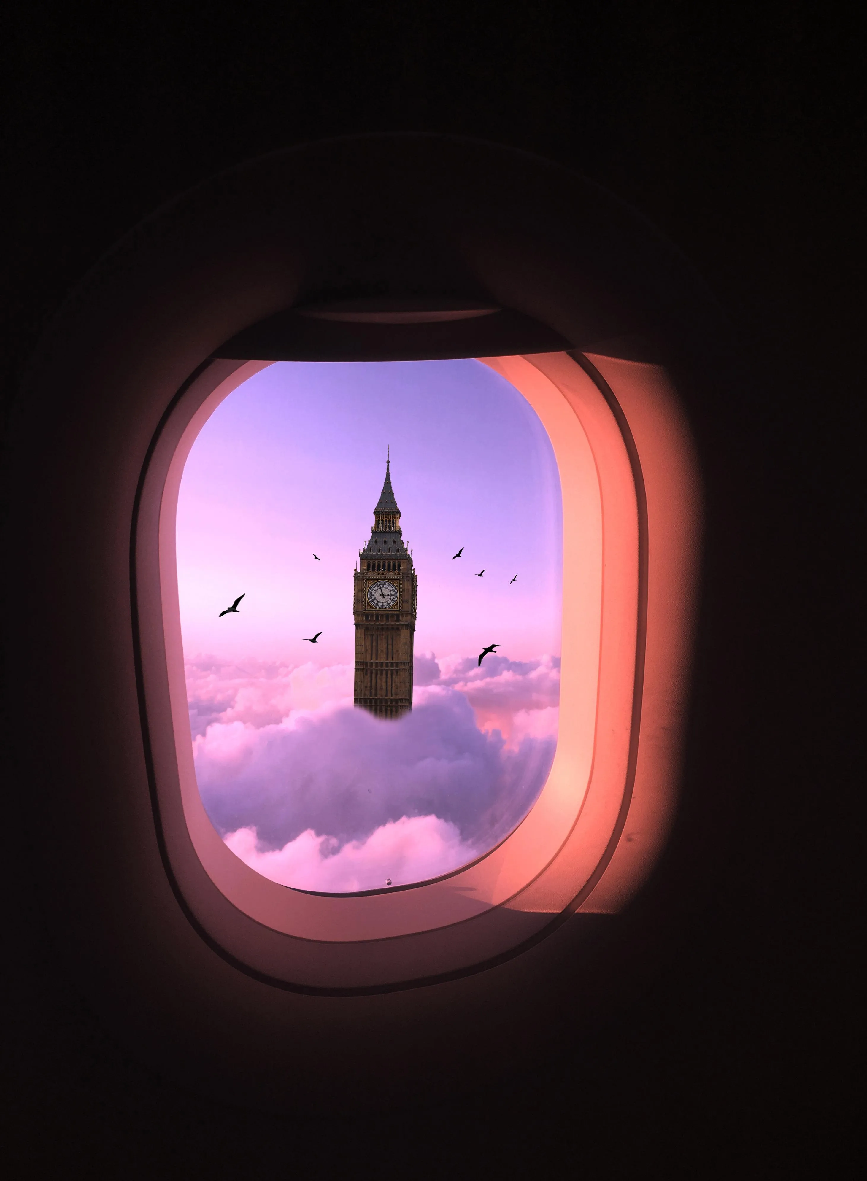 Big Ben Tower Seen Through Airplane Window at Sunset