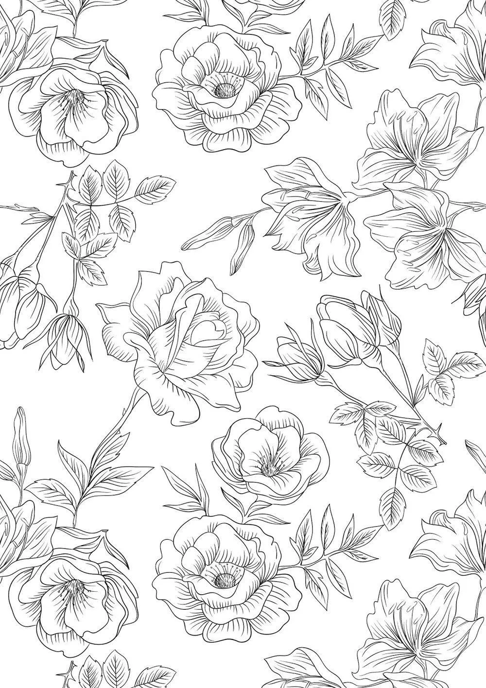 Black and white hand drawn floral sketch pattern art image