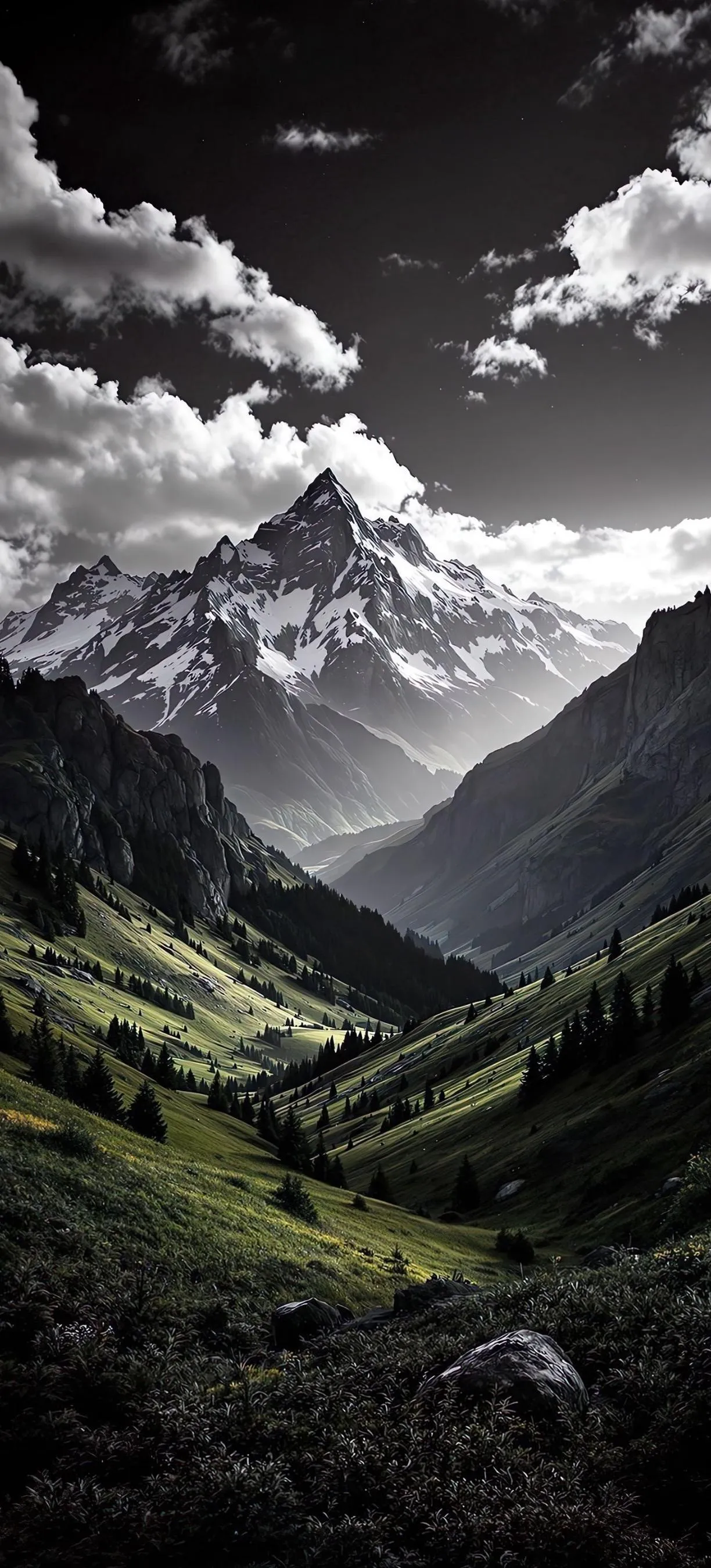 Black and White Scenic Valley with Dramatic Clouds Wallpaper