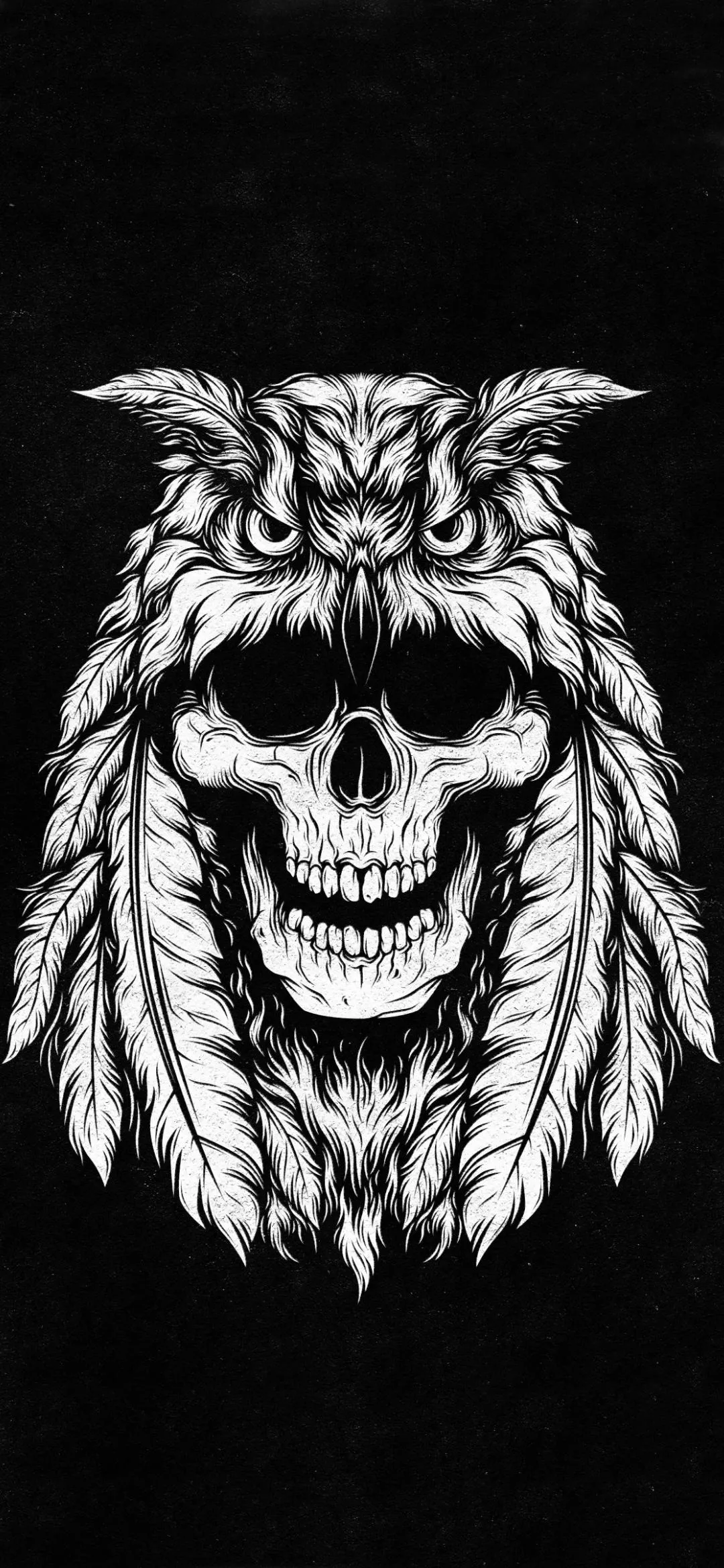 Black and White Tribal Mask Design on Black Background
