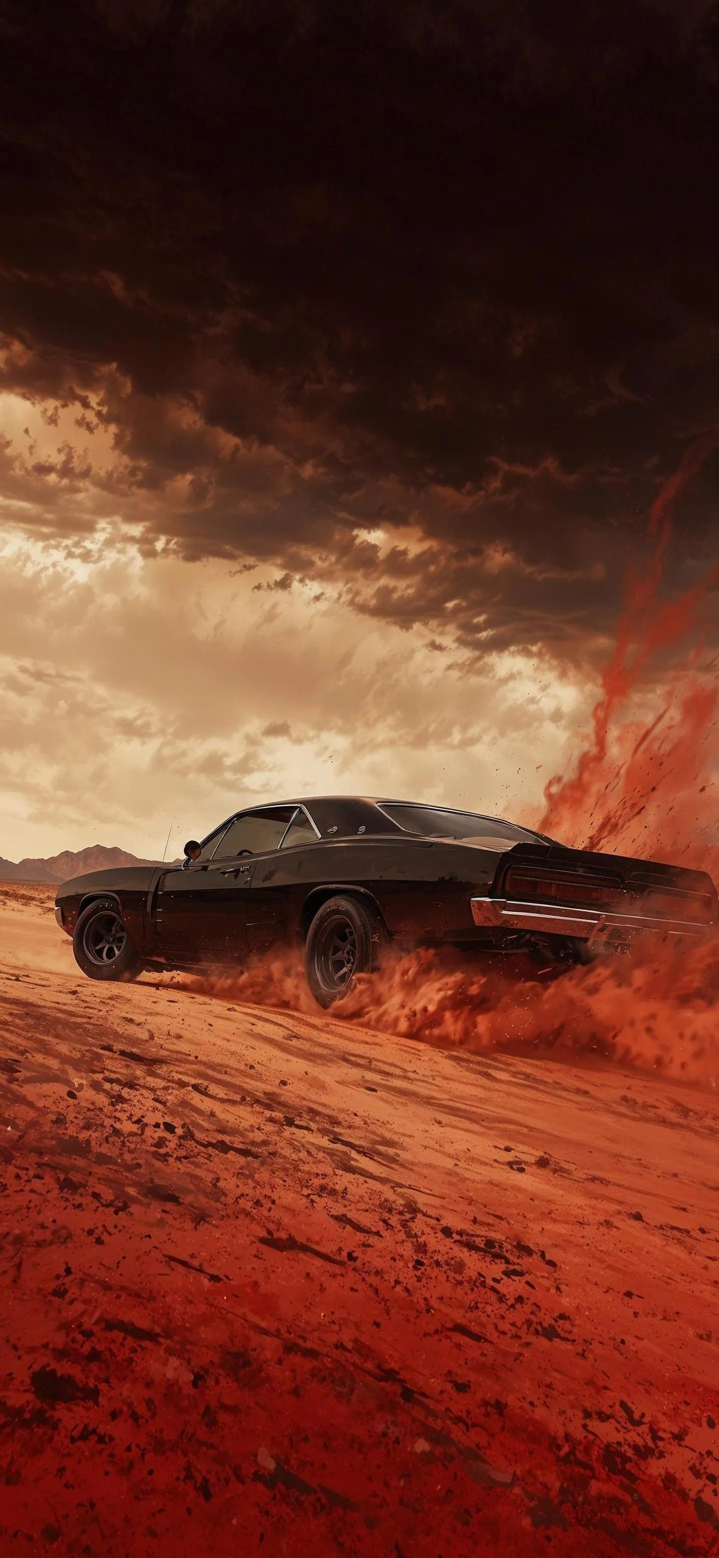 Black Car on Desert Road with Blue Sky and Cloudy Horizon
