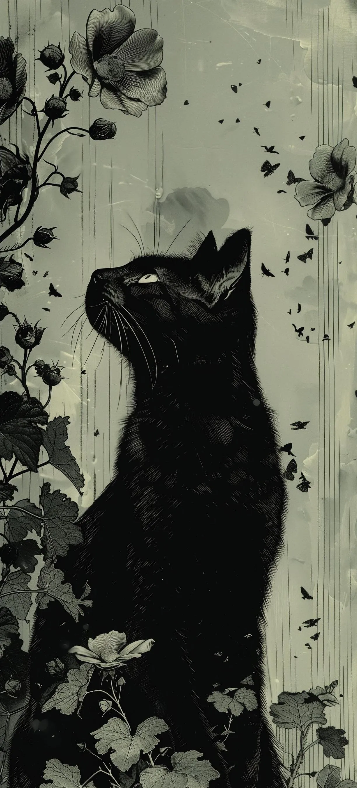 Black Cat Silhouette with Artistic Brush Strokes Wallpaper