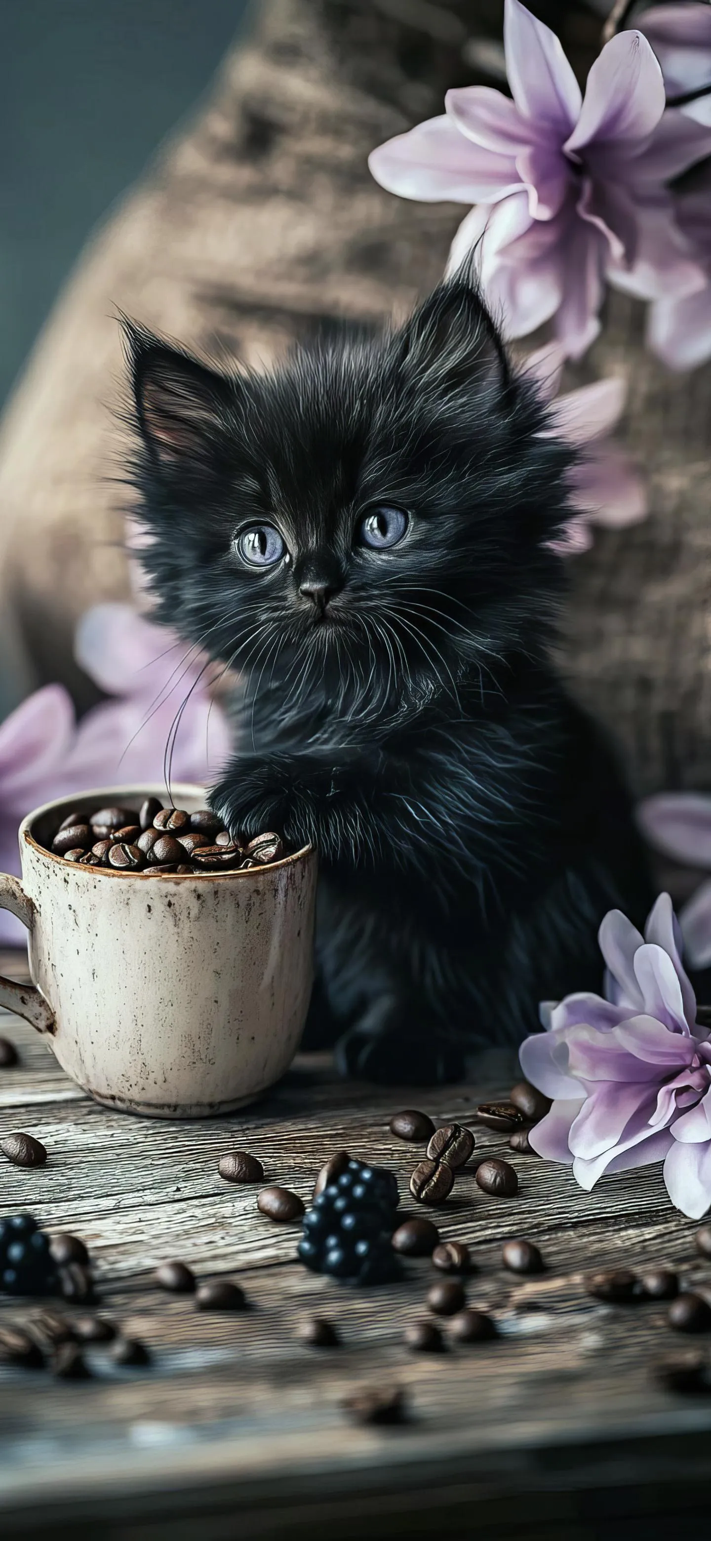 Black Cat with Flower Decor and Cofee beans Wallpaper