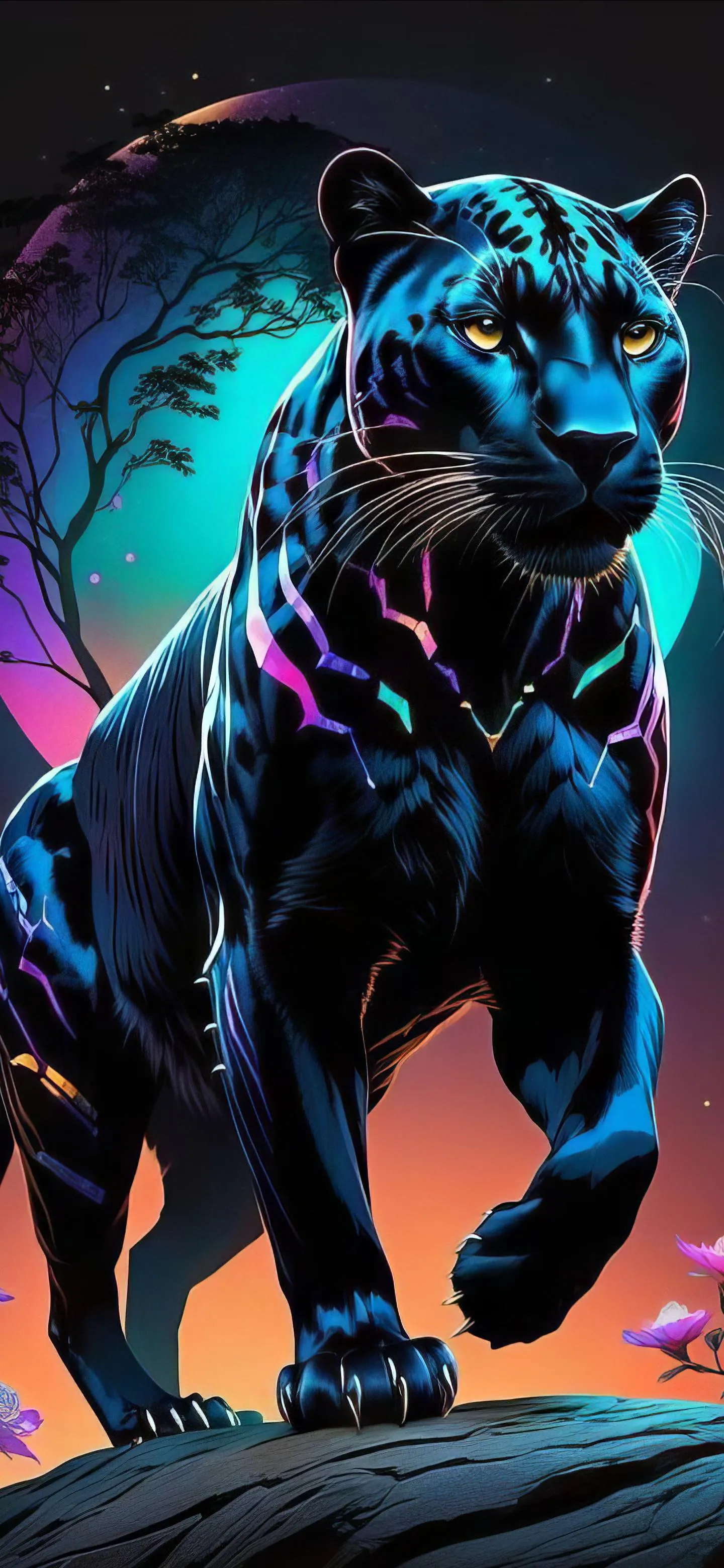 Black Panther Glowing with Blue and Orange Light Wallpaper
