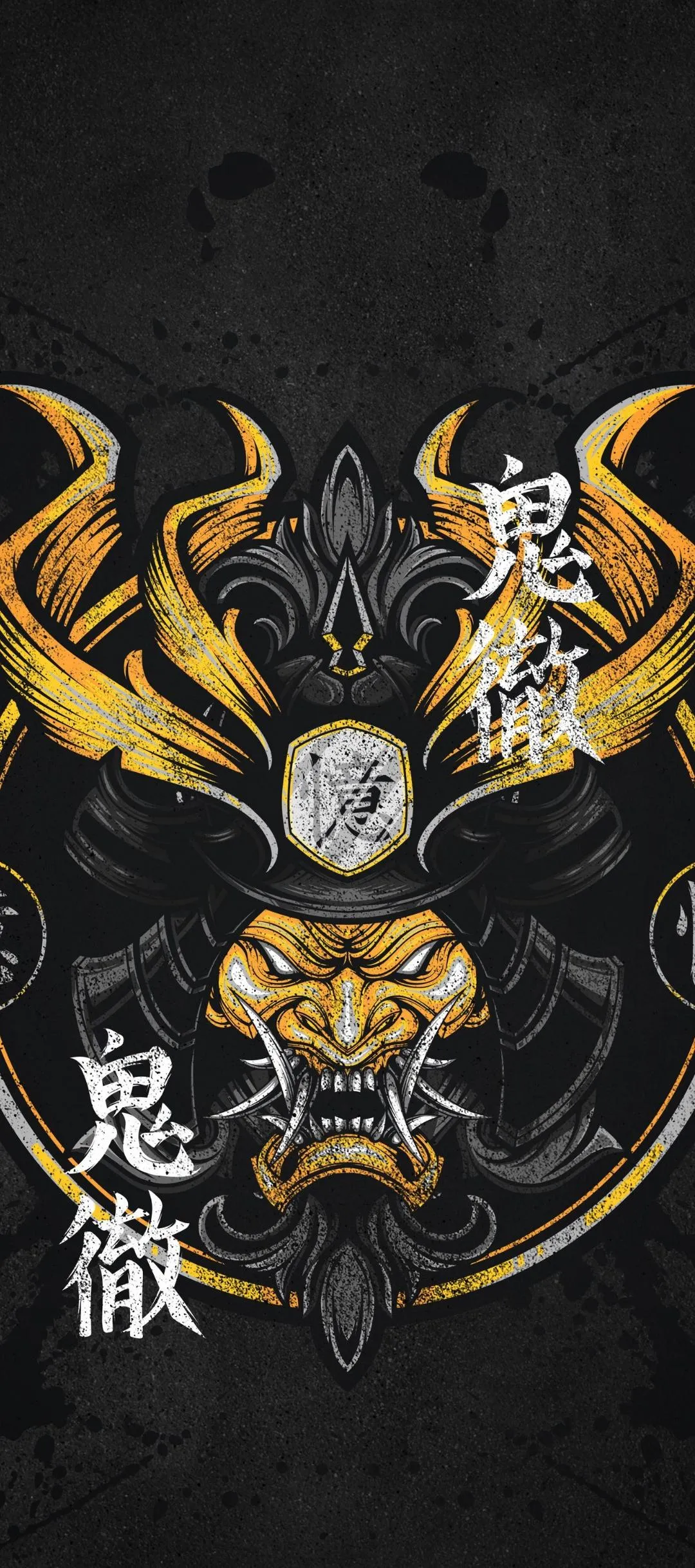 Black Samurai Mask with Golden Horns and Skulls Wallpaper