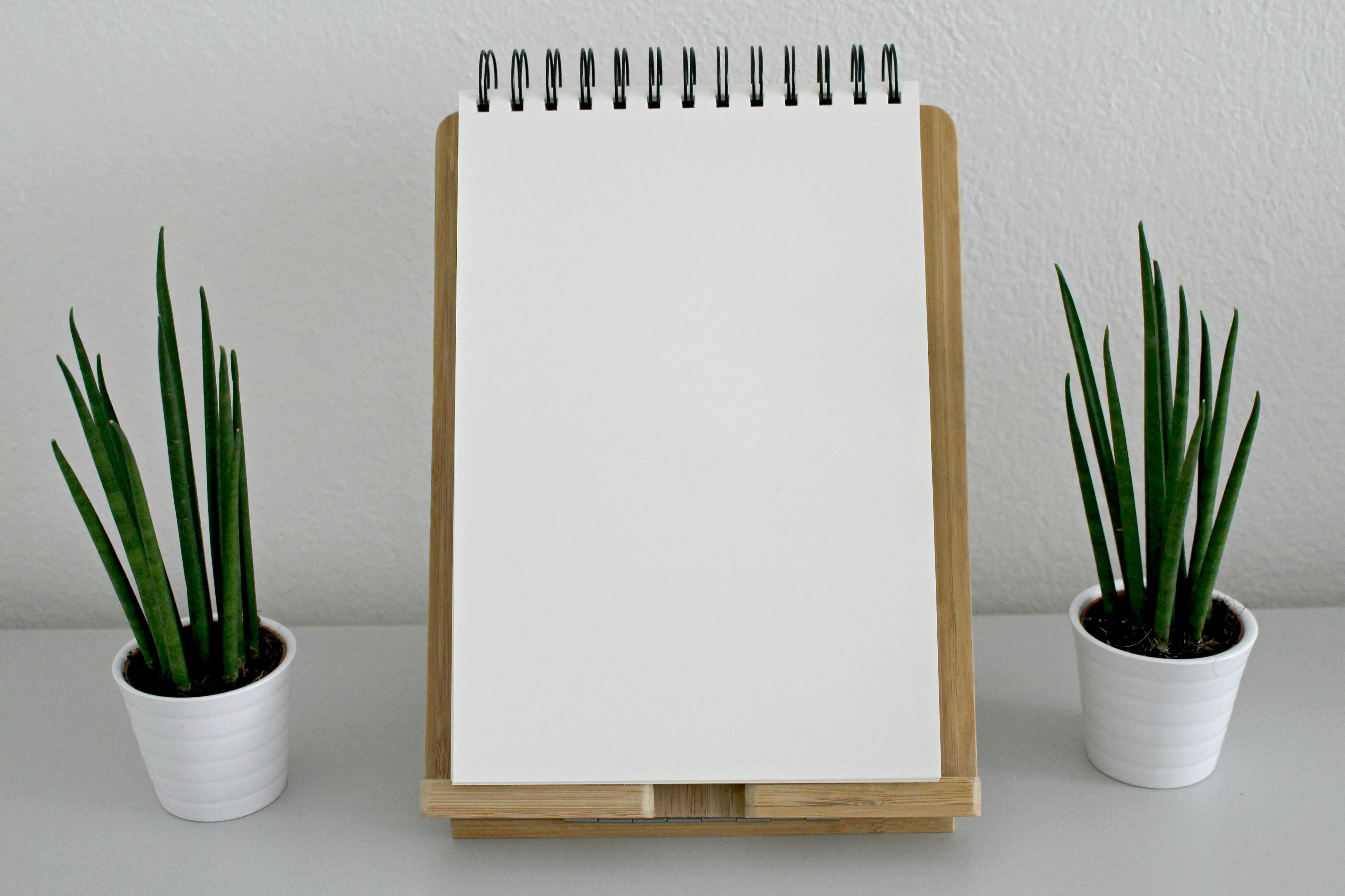 Blank notepad on wooden stand with two potted plants image