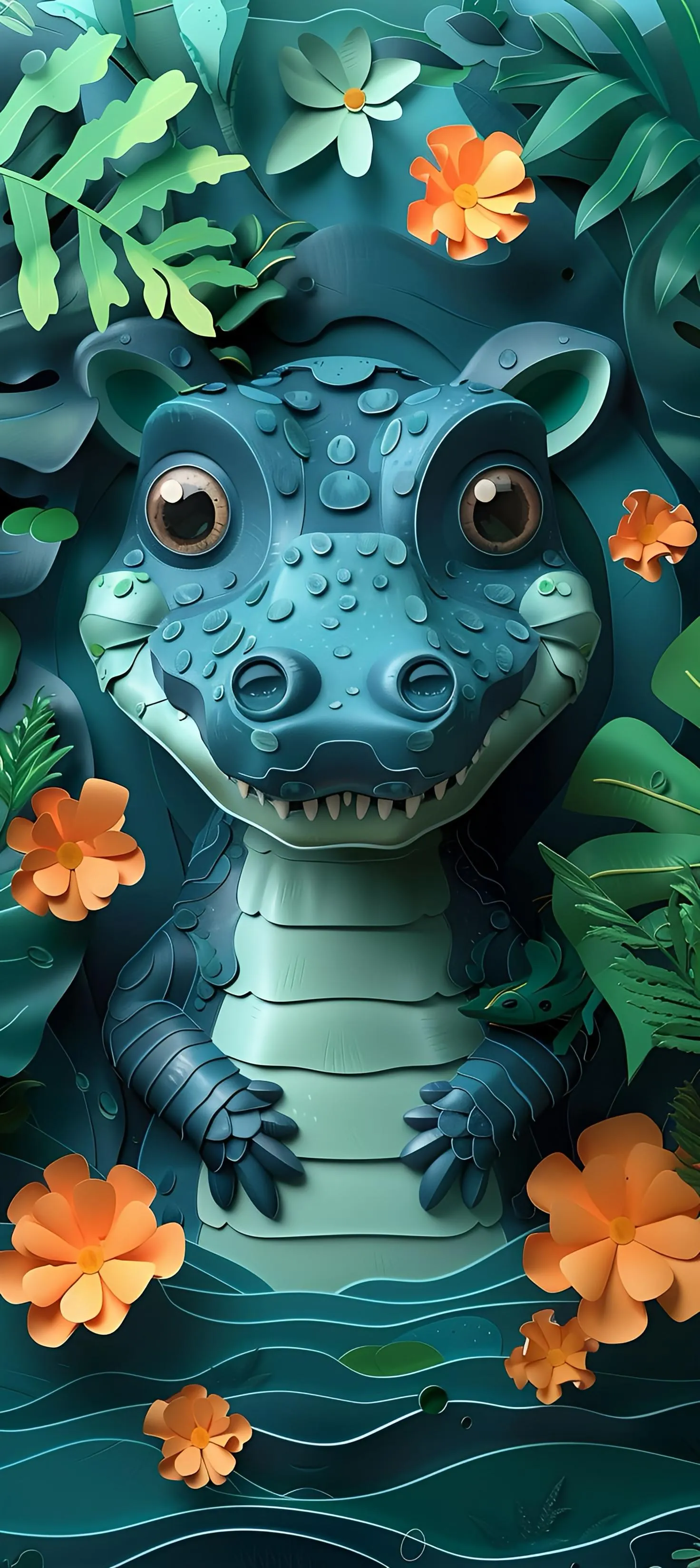 Blue Fantasy Creature with Glowing Eyes and Flowers