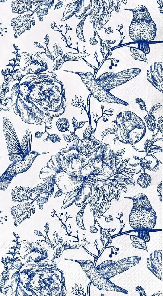Blue floral pattern with birds on a white background image