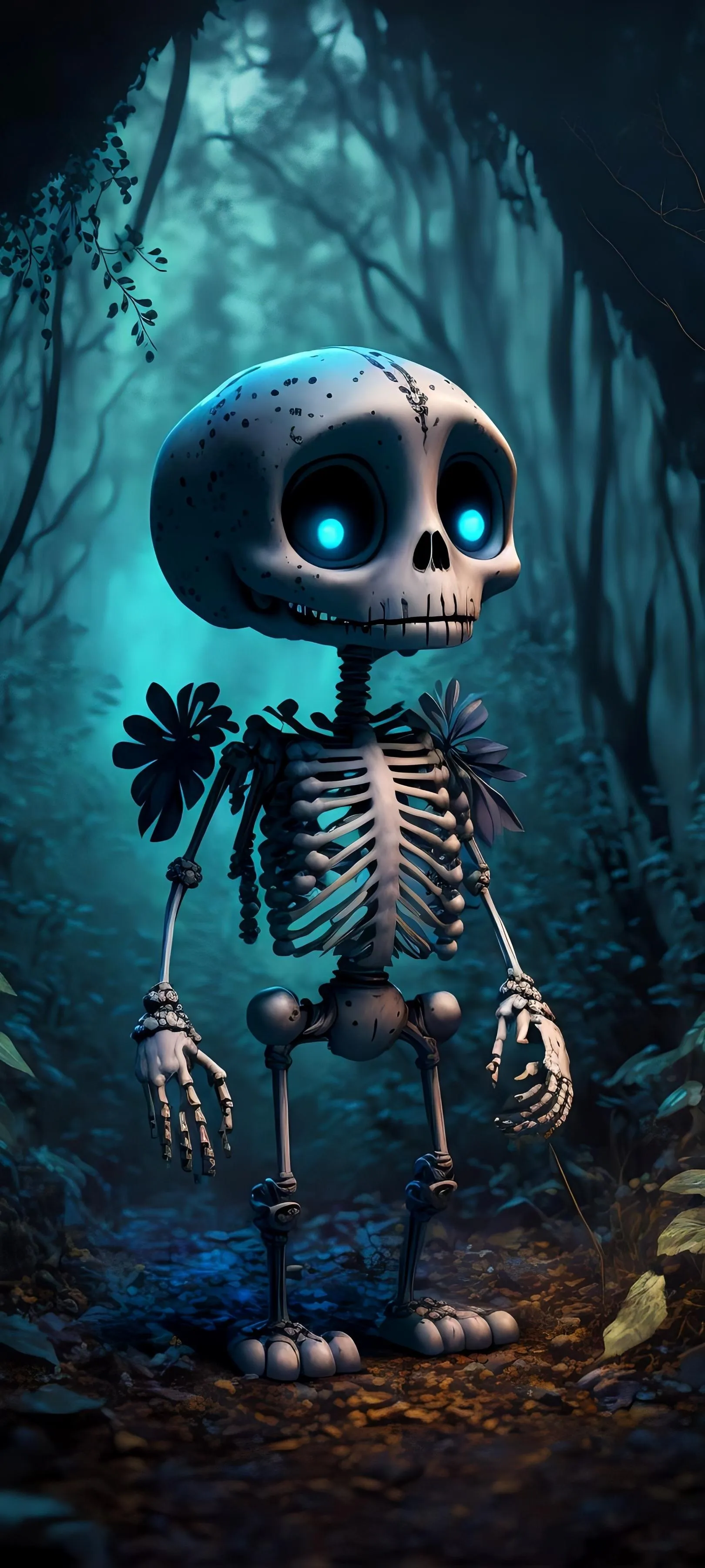 Blue Skeleton Character in Spooky Cave with Crystals