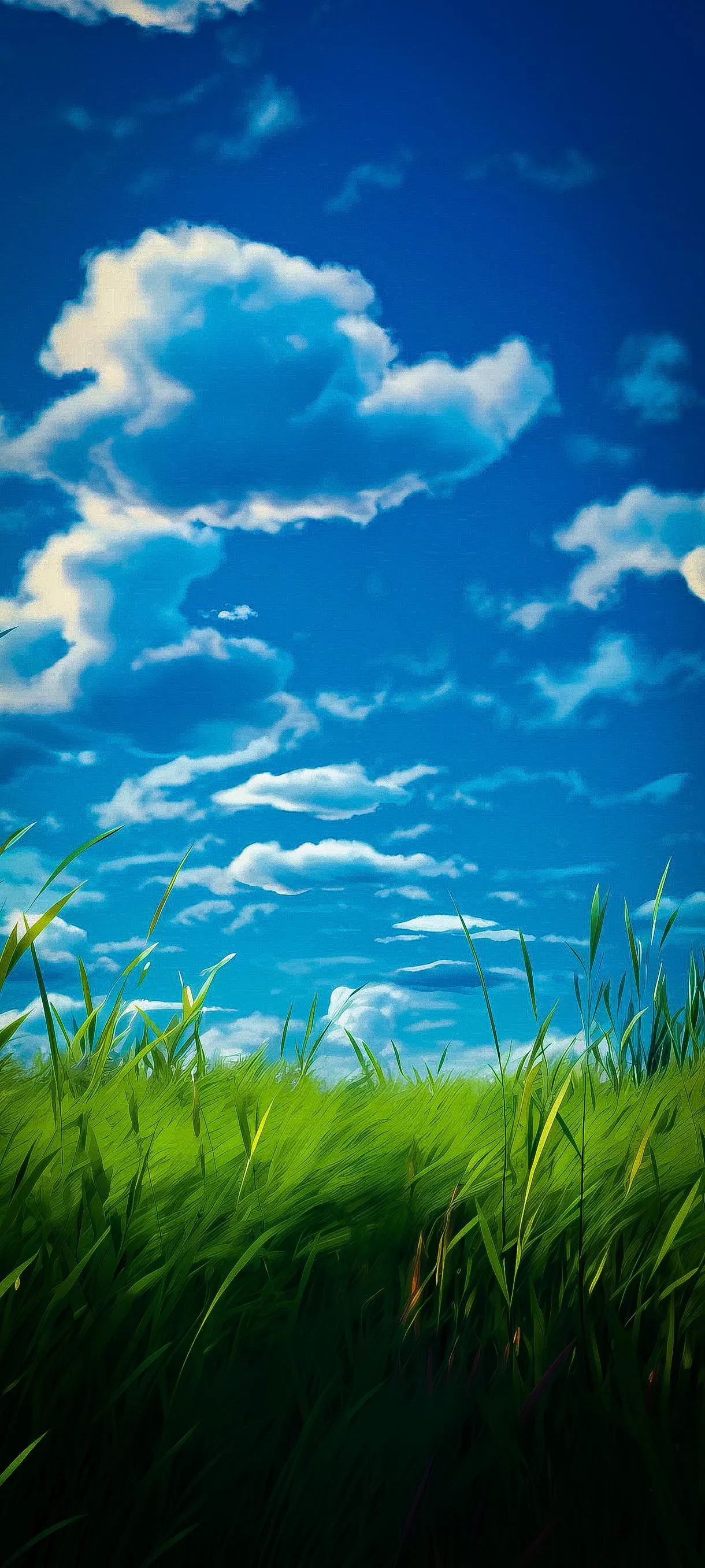 Blue Sky with Puffy Clouds over Lush Green Field Wallpaper