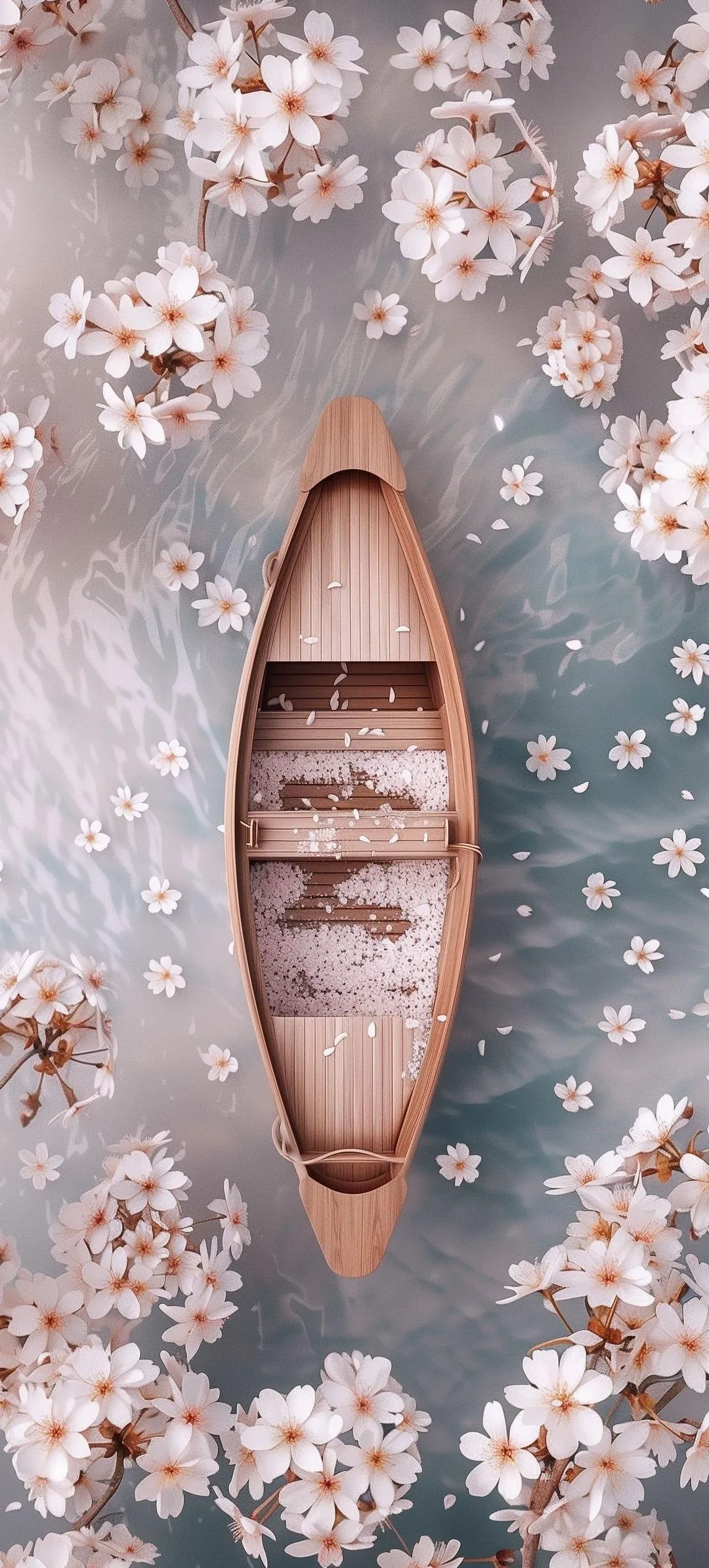Boat on Calm Water with Pink Cherry Blossom Trees Wallpaper