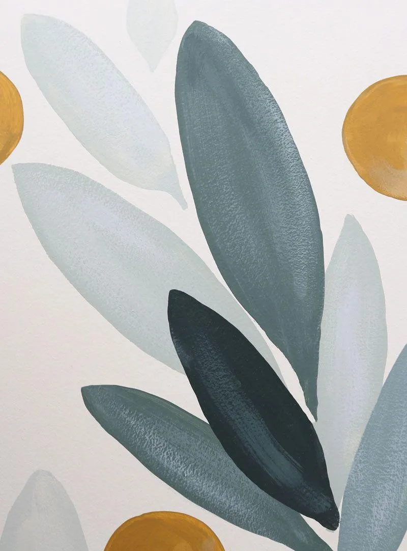 Botanical painting with grey leaves and golden circles image