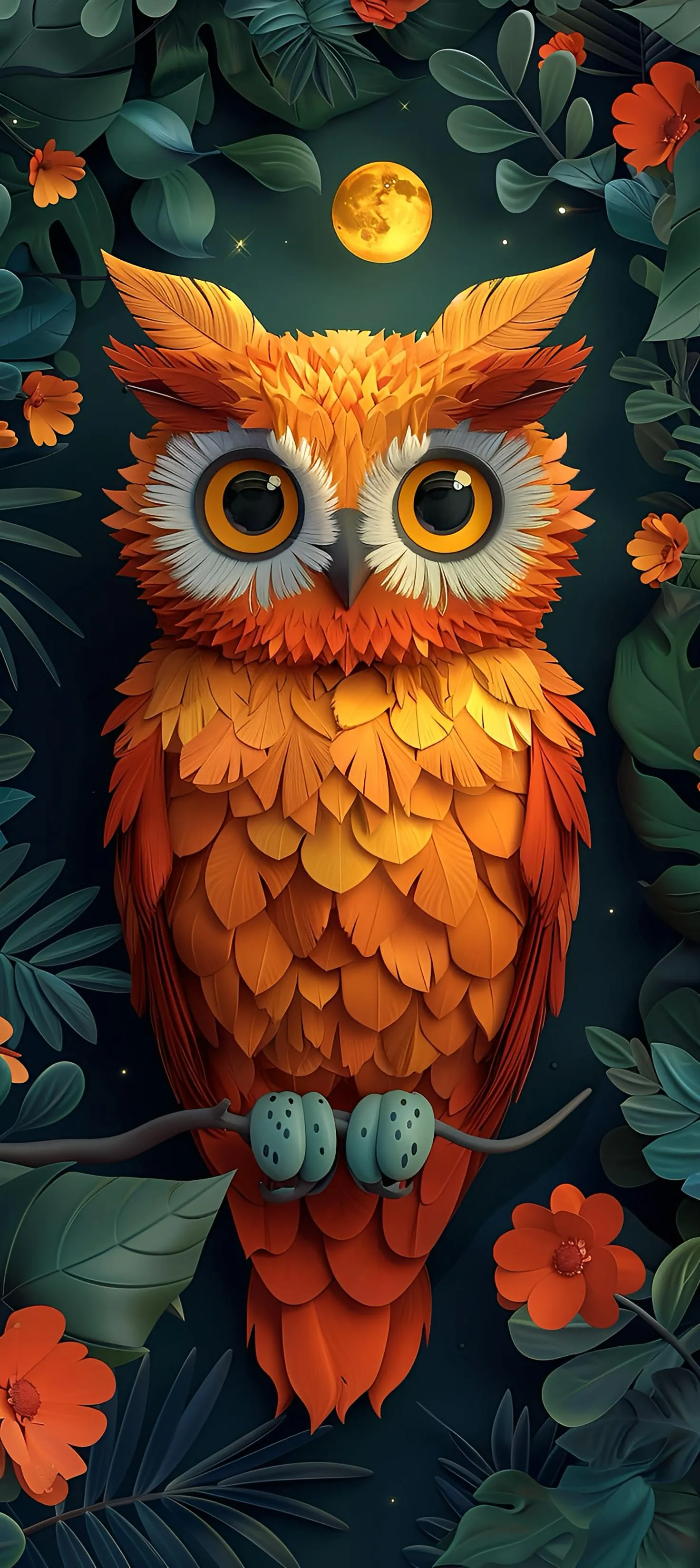 Bright cartoon owl on tree with colorful floral background