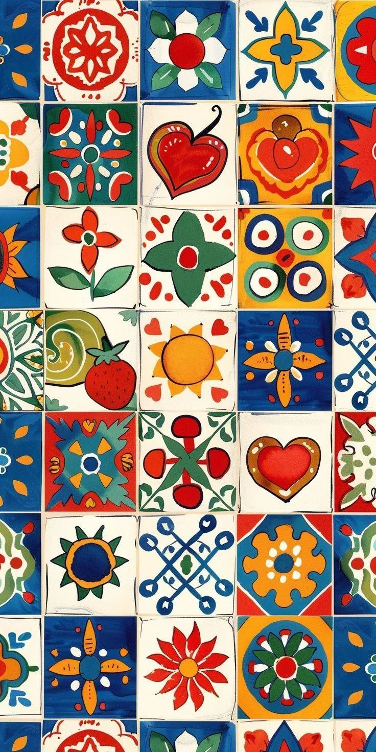 Bright colourful tile pattern with floral and heart art