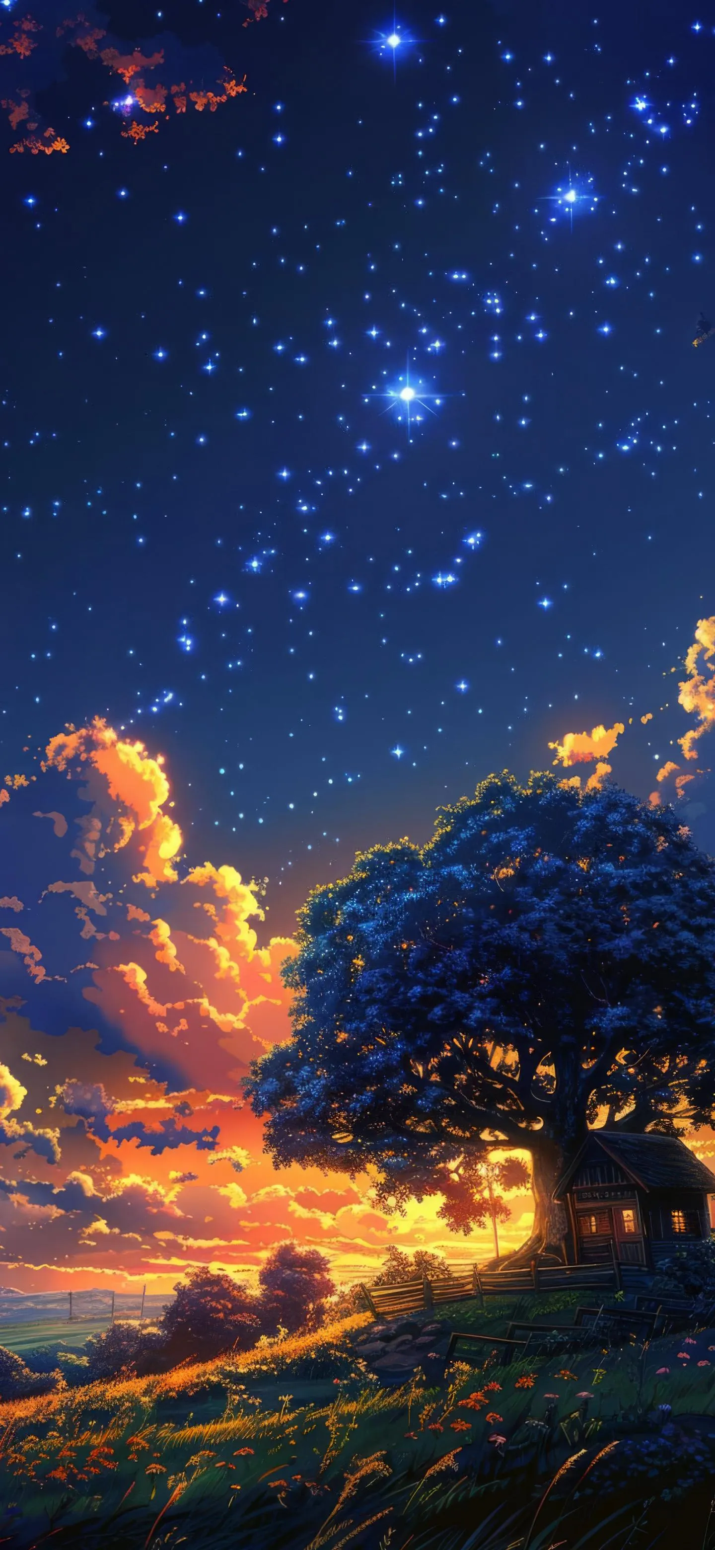 Bright Cosmic Sky Over Mountain Range at Dusk Wallpaper