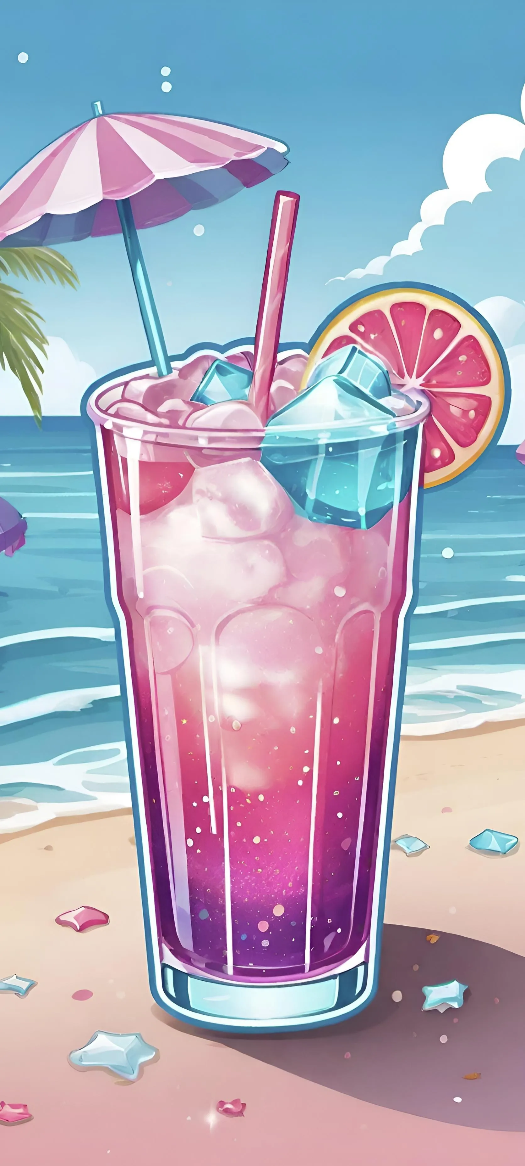 Bright Pink Cocktail with Straw and Lemon on Sandy Beach