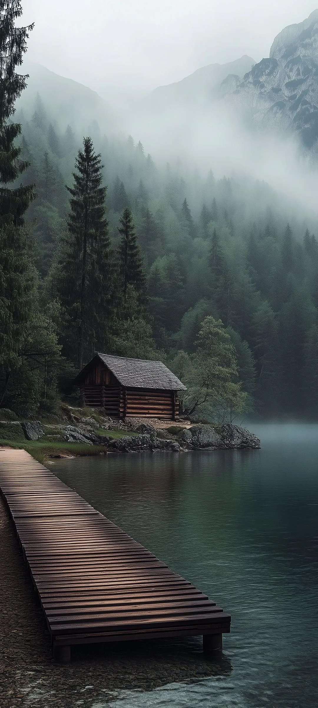 Cabin near the Lake in Misty Forest During Peaceful Dawn
