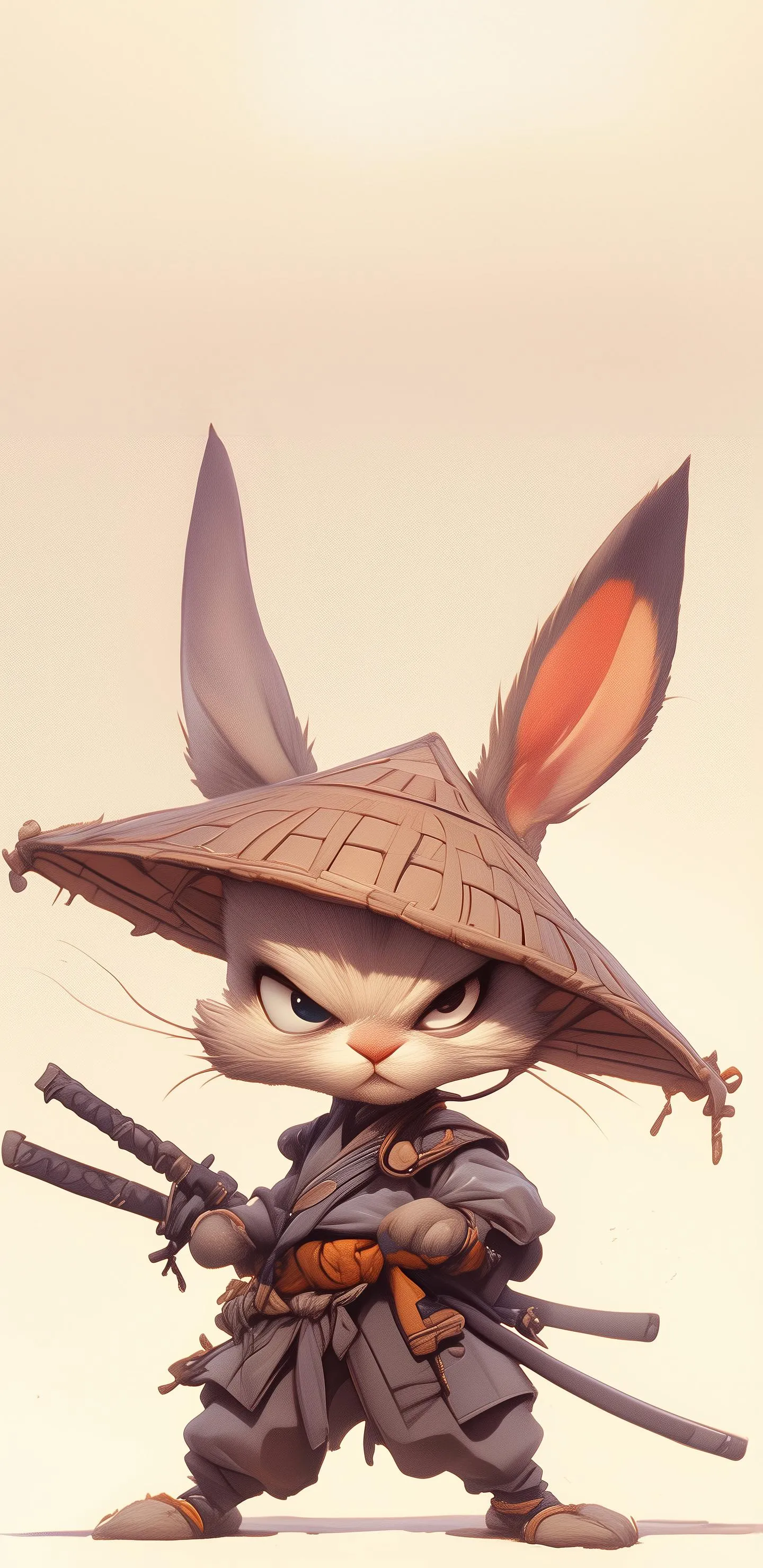 Cartoon Bunny Wearing Traditional Asian Hat and Holding Swords