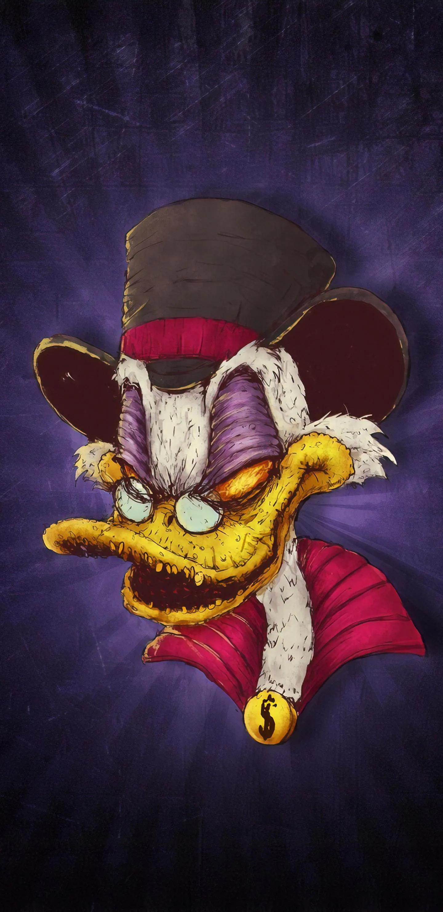 Cartoon Character Duck Wearing Top Hat on Purple Wallpaper