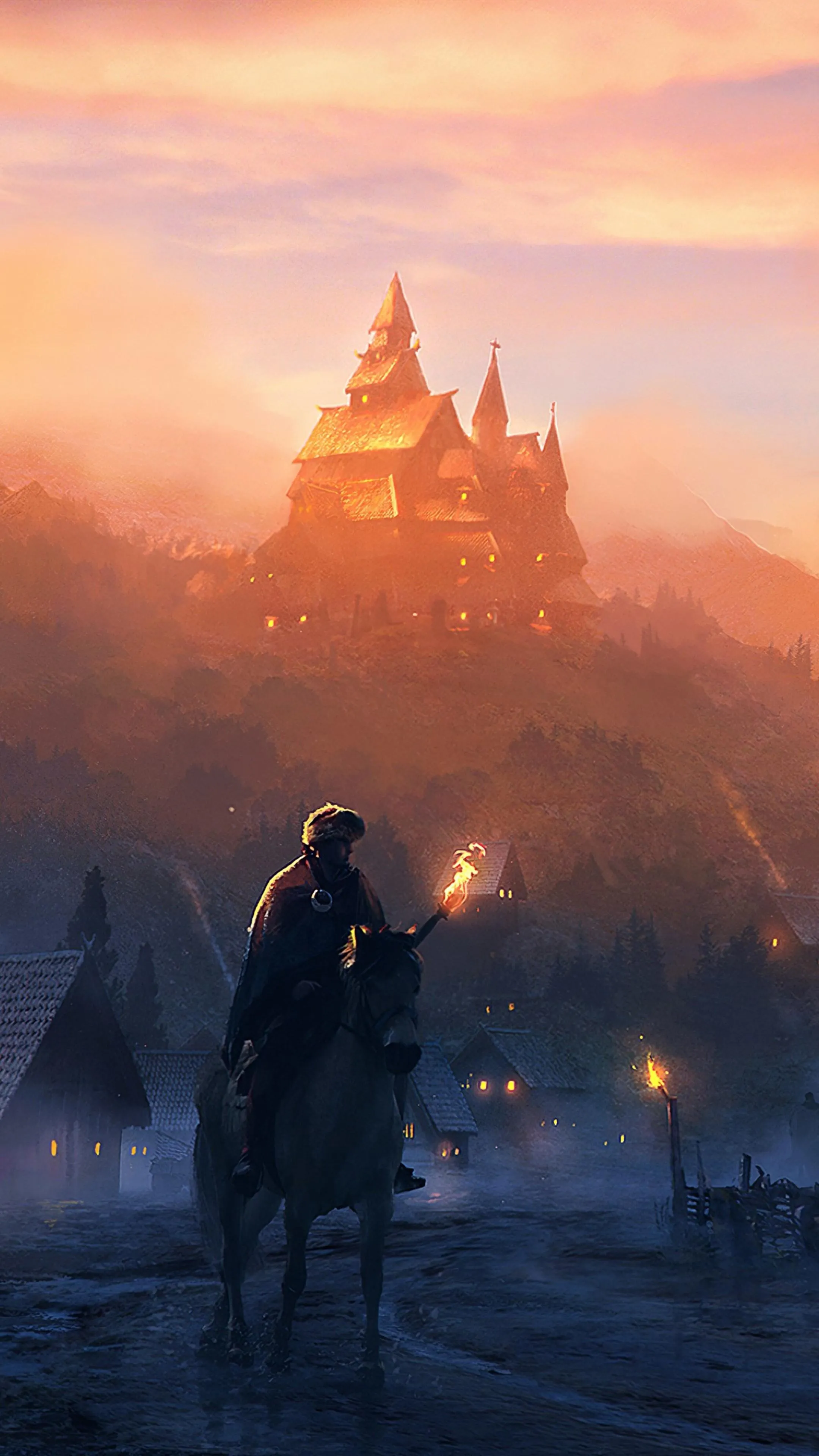 Castle on Mountain at Sunset with Fantasy Atmosphere