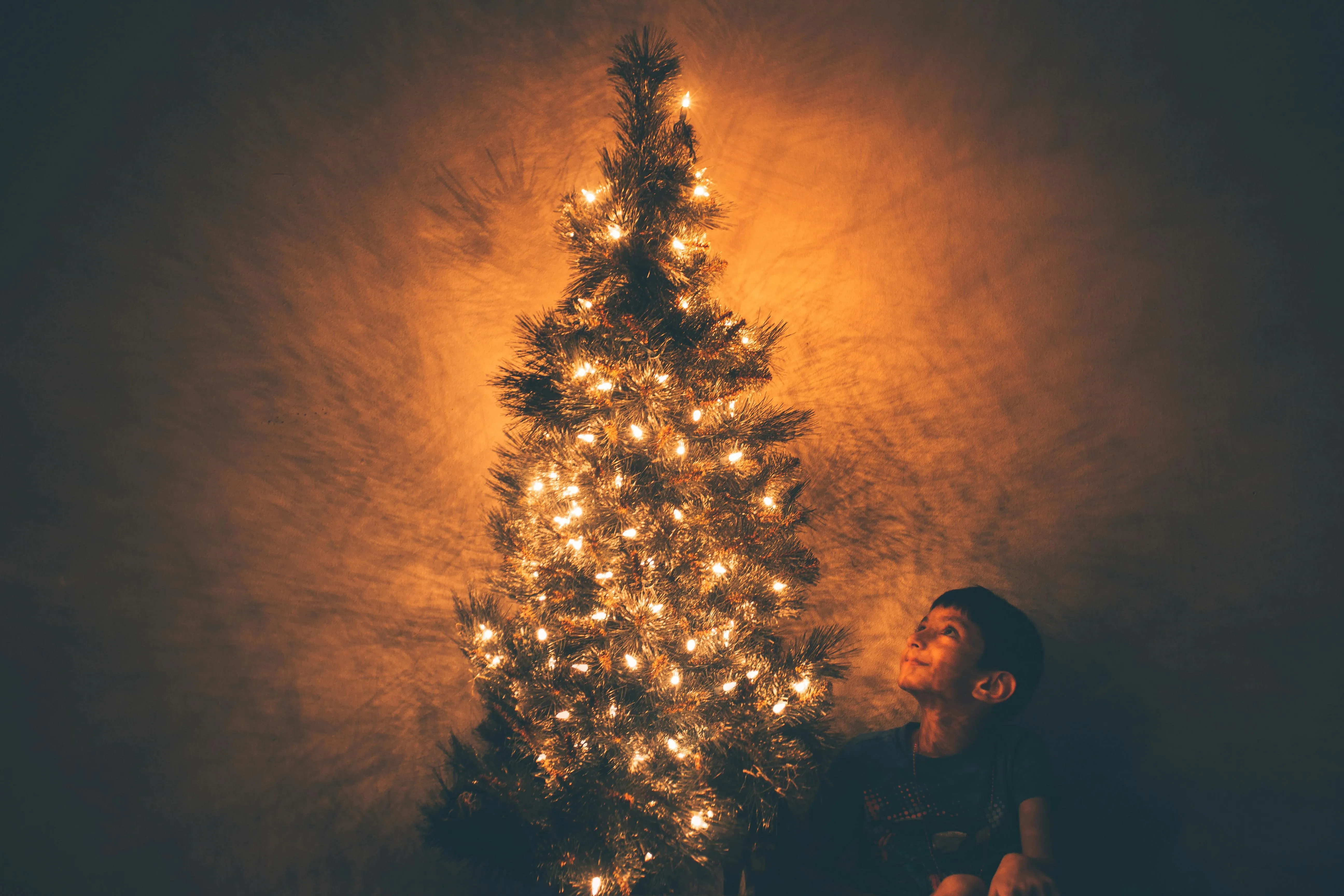 Christmas Tree with Lights and Child Looking Up Wallpaper
