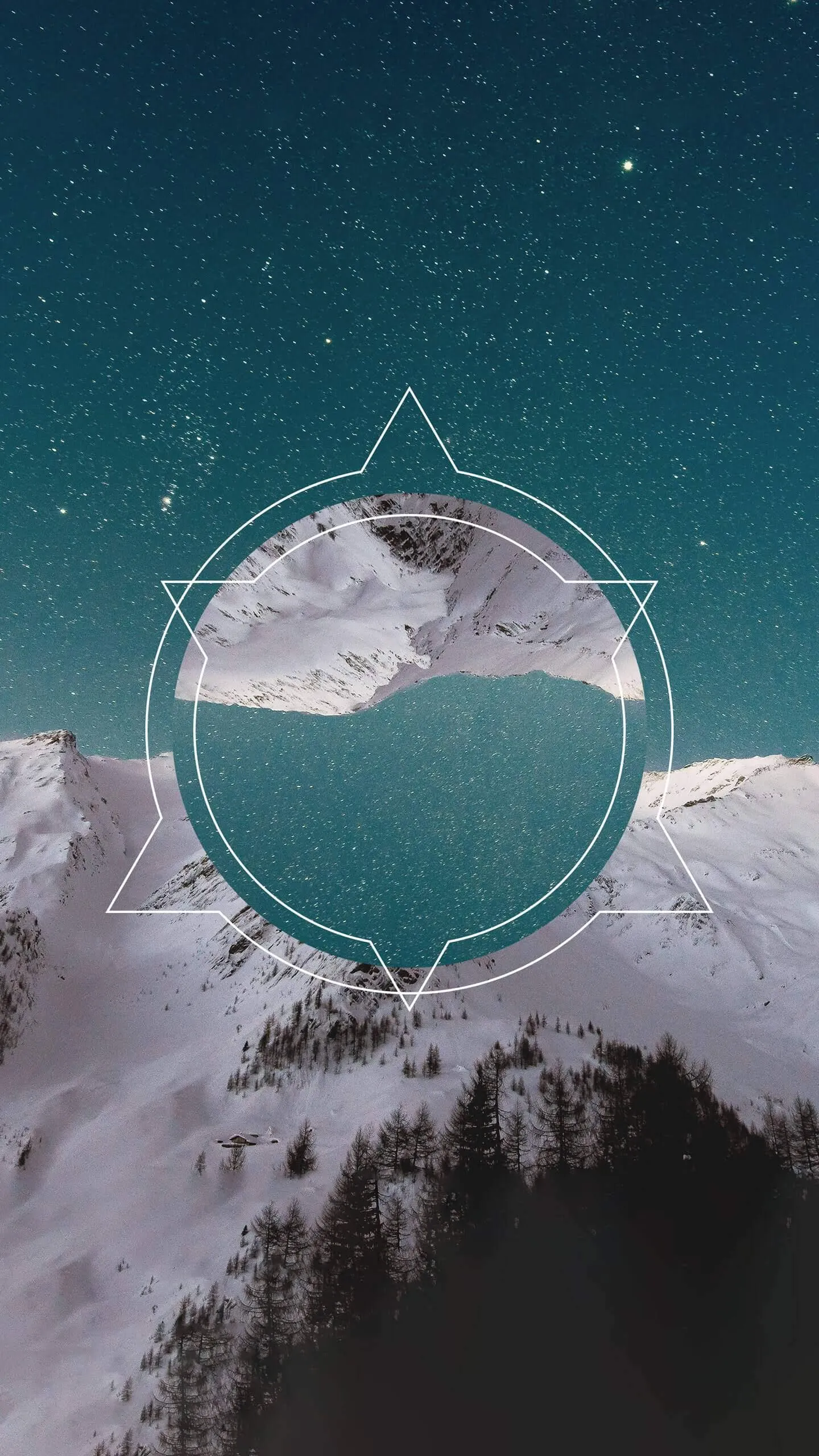 Circular Abstract Art Over Snowy Mountain and Forest Landscape