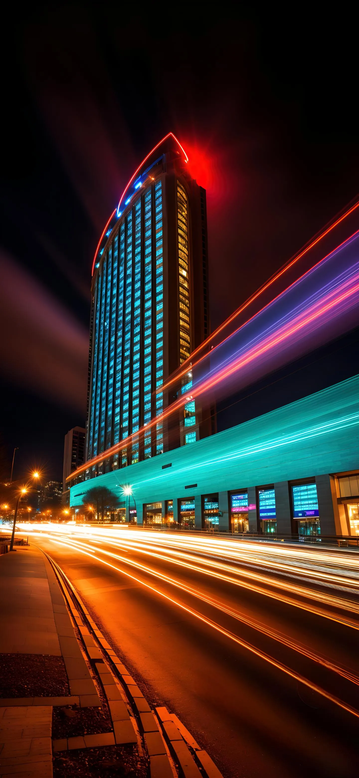 City Night Scene with Light Trails and Modern Building