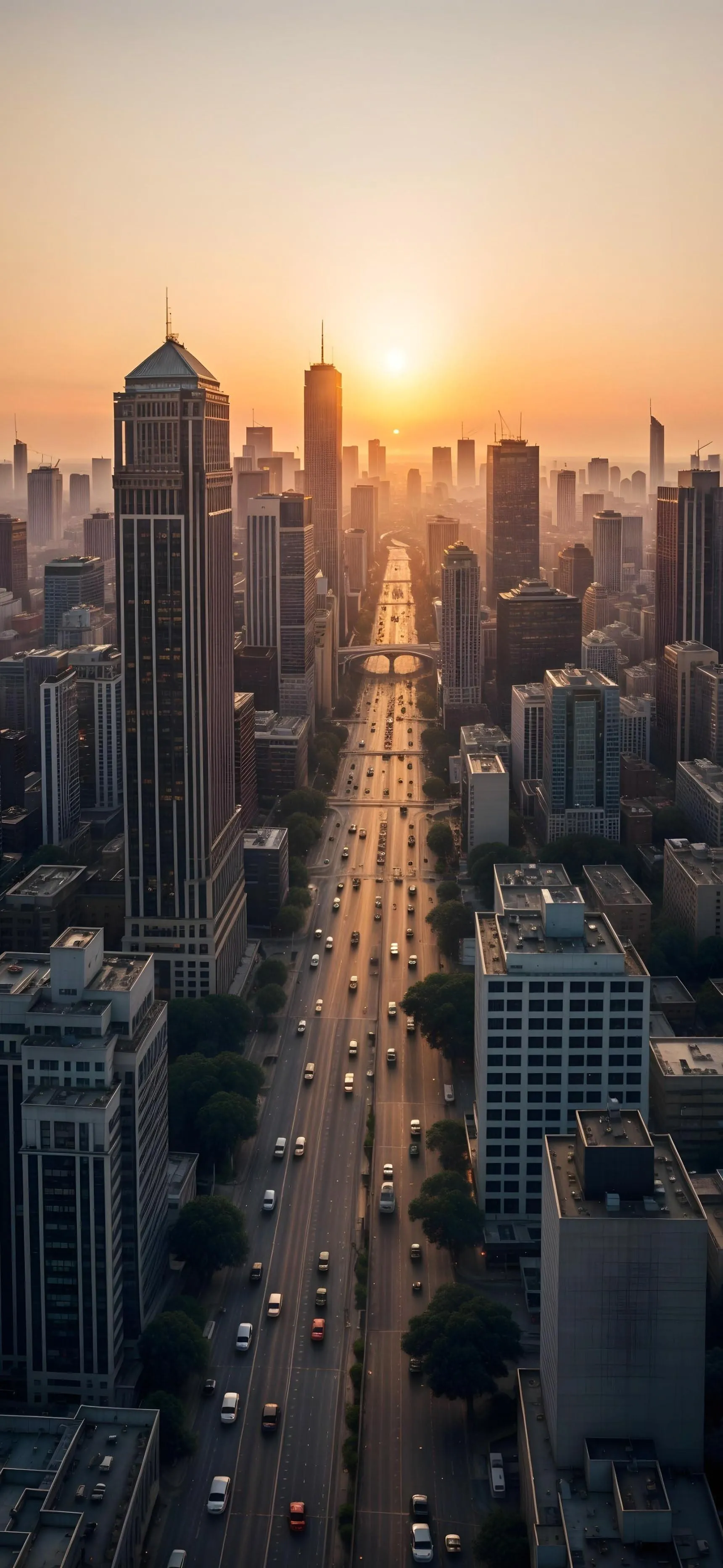 City skyline viewed from high angle at sunset Wallpaper
