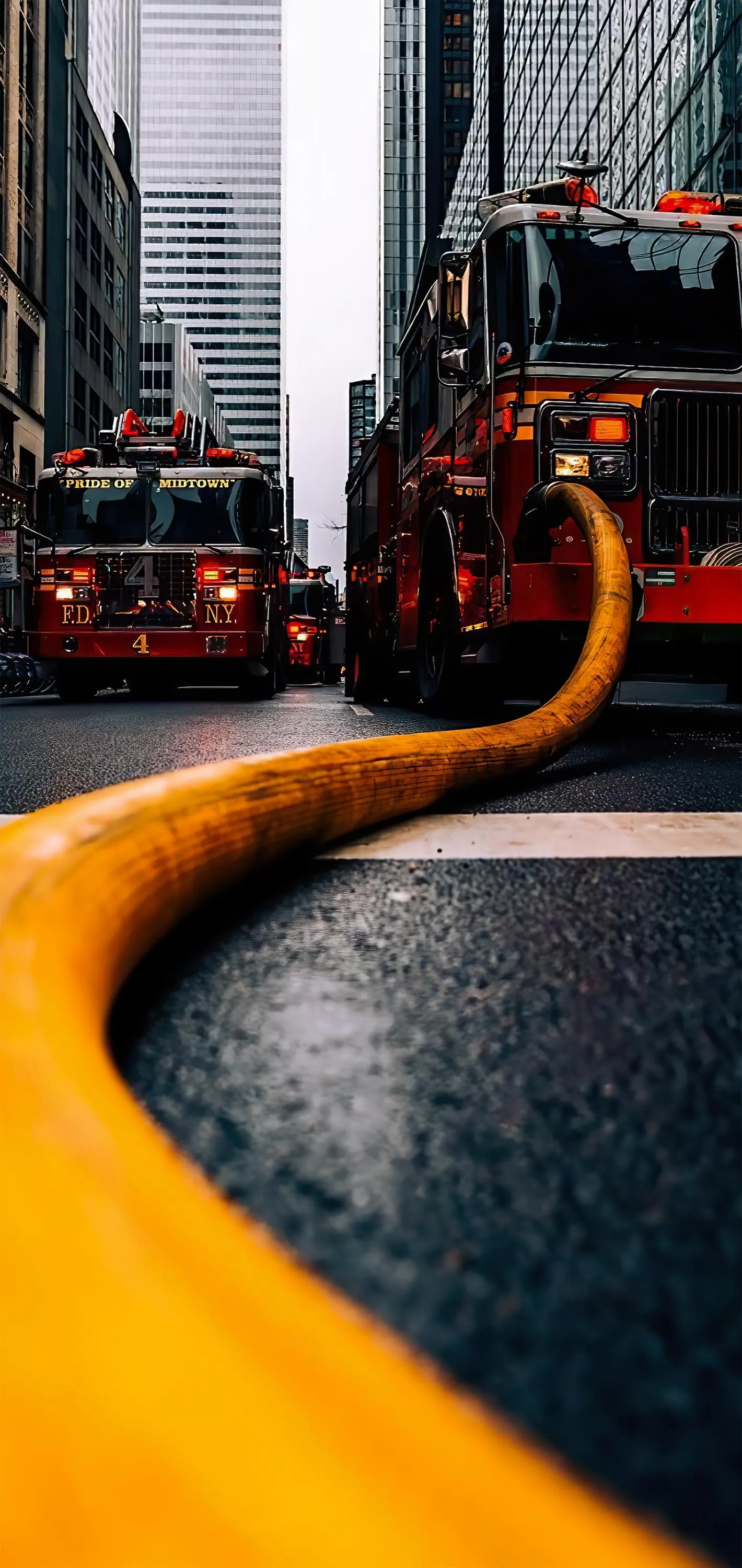 City Street with Neon Trail Under Rainy Night Sky Wallpaper