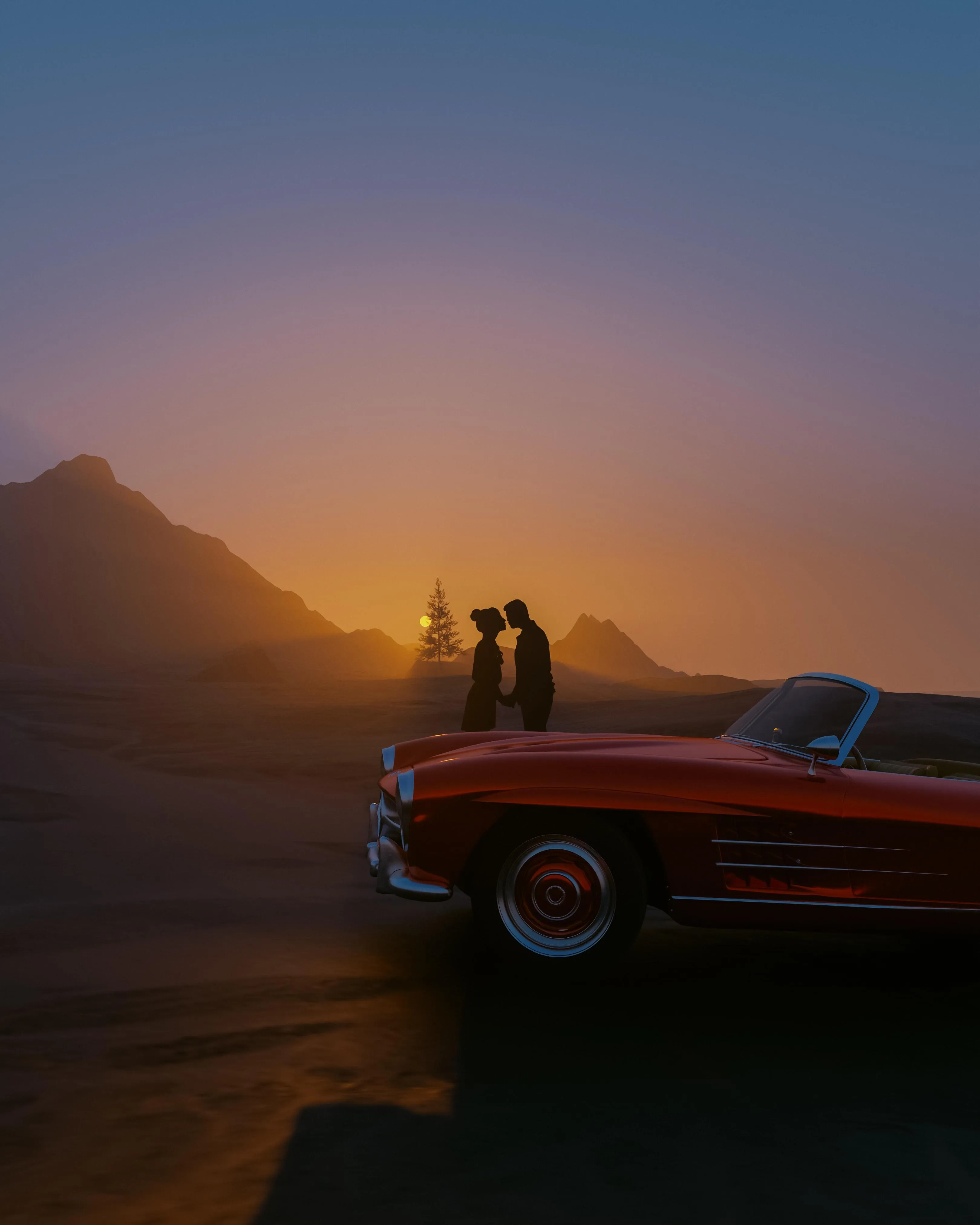 Classic Car Driving into Sunset in Desert Mountains