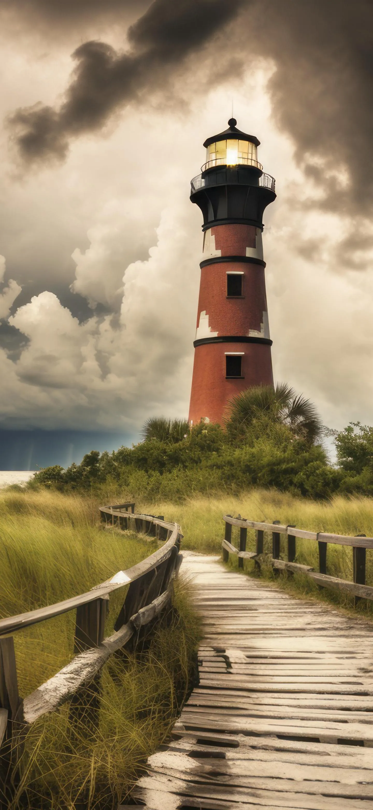 Classic Lighthouse on Hill with Wooden Path and Cloudy Sky