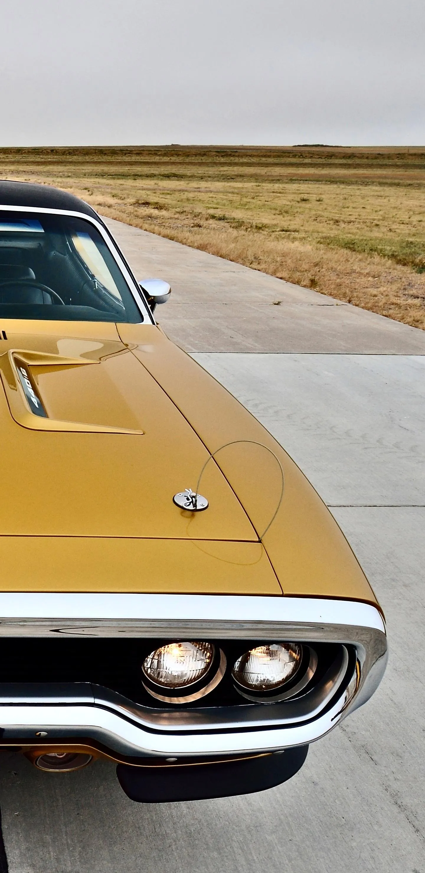 Classic Yellow Muscle Car Parked on Open Road Wallpaper