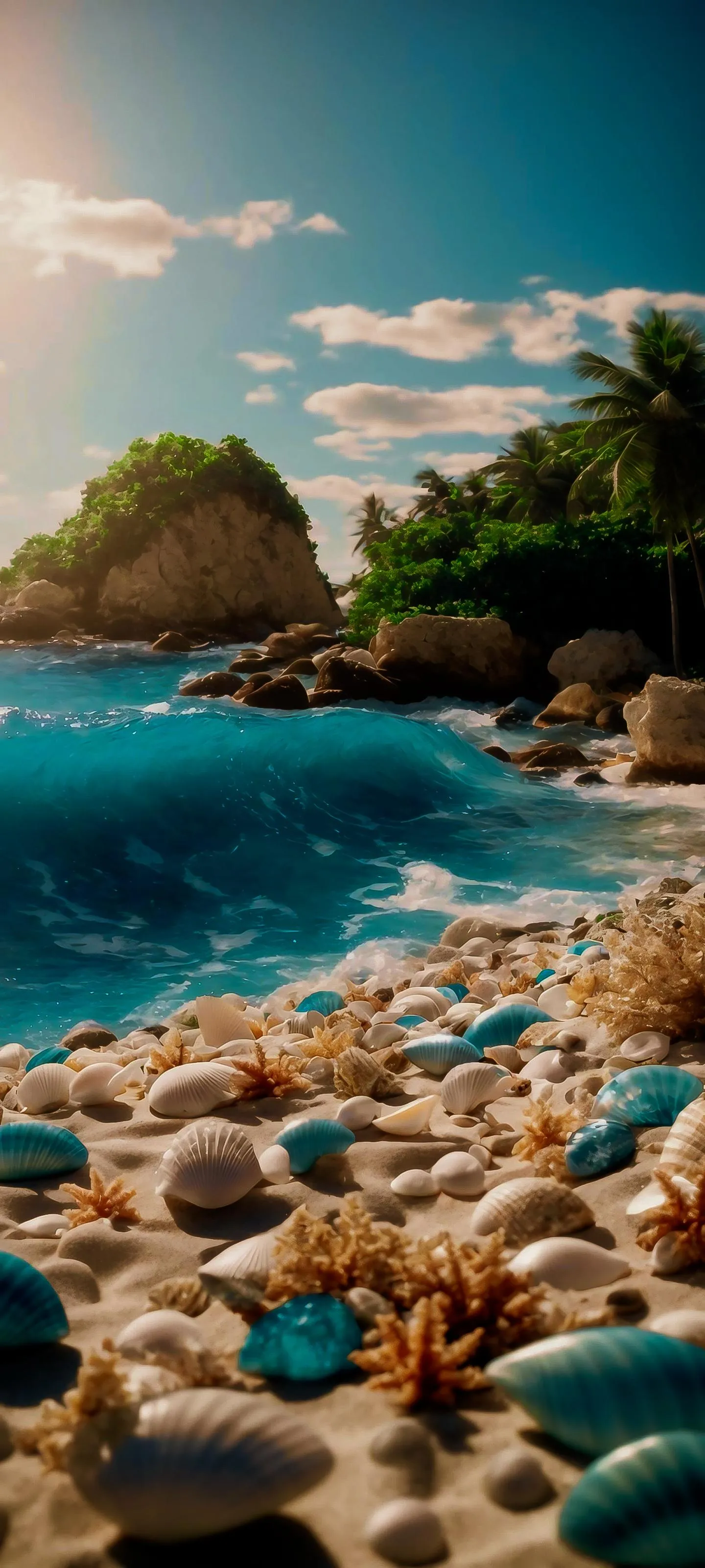 Clear Blue Water and Rocky Shoreline Landscape Wallpaper