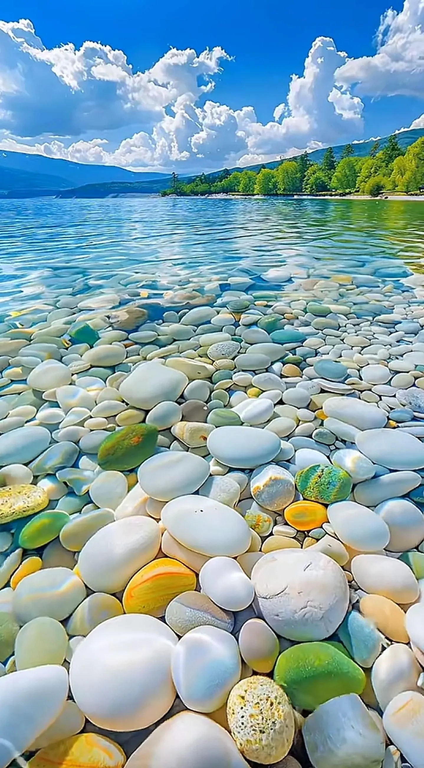 Clear stream flowing over smooth river stones landscape