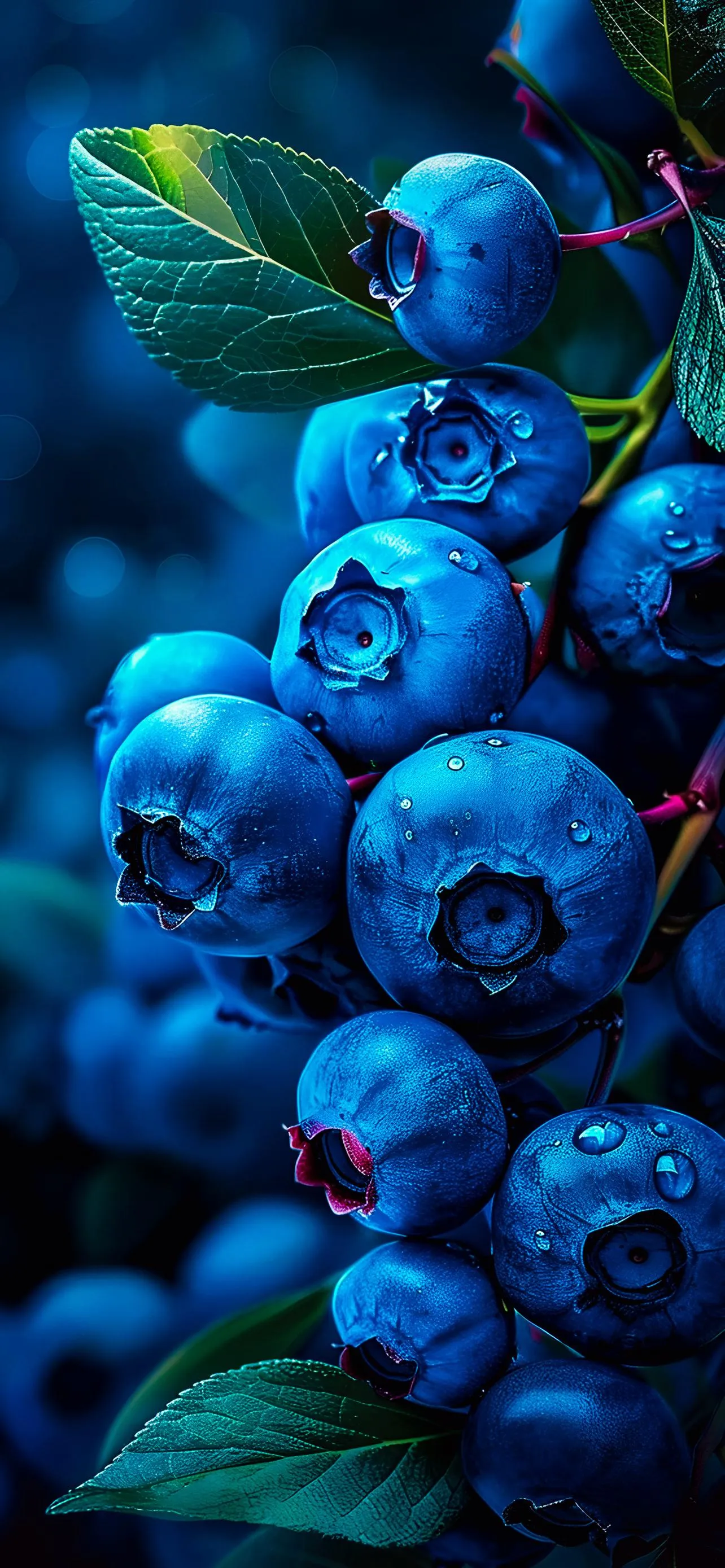 Close Up of Fresh Blueberries with Leaves Wallpaper