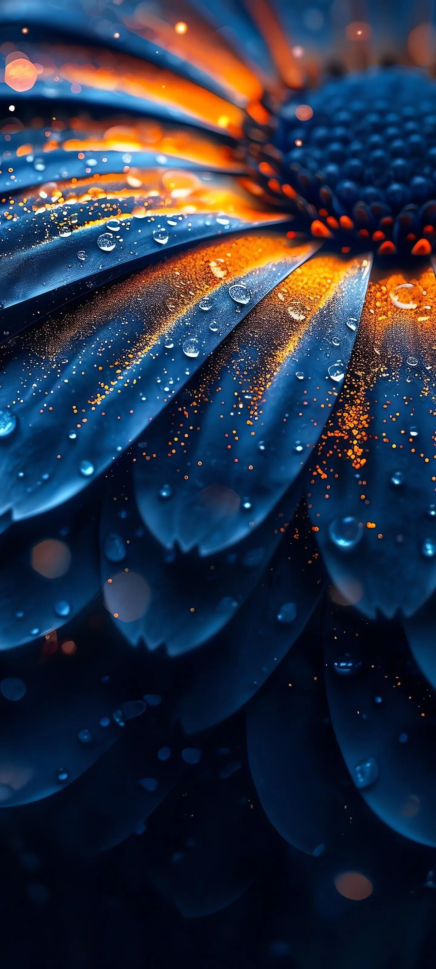 Closeup of Blue and Orange Flower Petals with Water Droplets